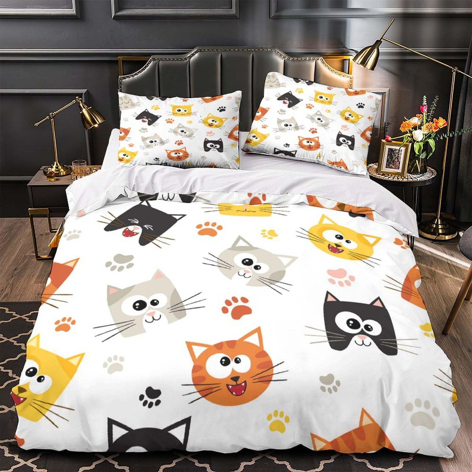 Housse de couette chat 140x200 cm avec taie d'oreiller pour lit simple