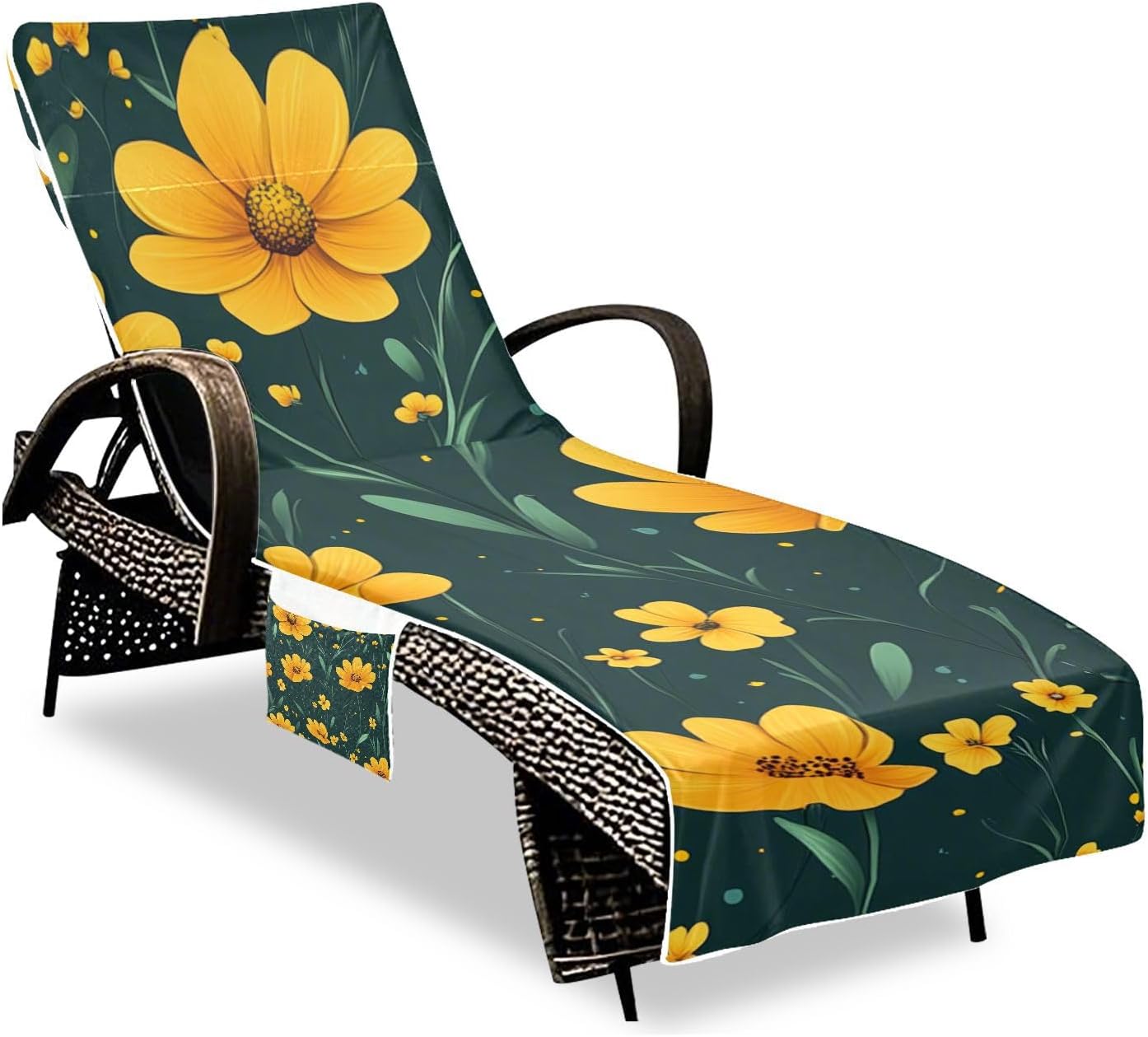 Yellow Flowers Green Background Cute Style Patio Lounge Chair Cover Waterproof Outdoor Chaise Covers Slipcover with Pockets for Outdoor Pool Beach Sunbathing, 85" X 30"