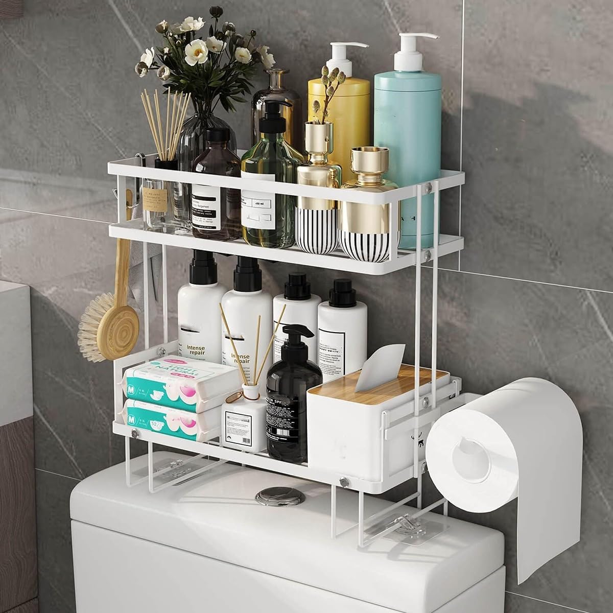 Over The Toilet Storage, 2-Tier Bathroom Organizer Shelves, Multifunctional Toilet Rack, No Drilling Bathroom Organizers and Storage, Wall Mounted Bathroom Decor (Color : /Black, Size : B) (/White A