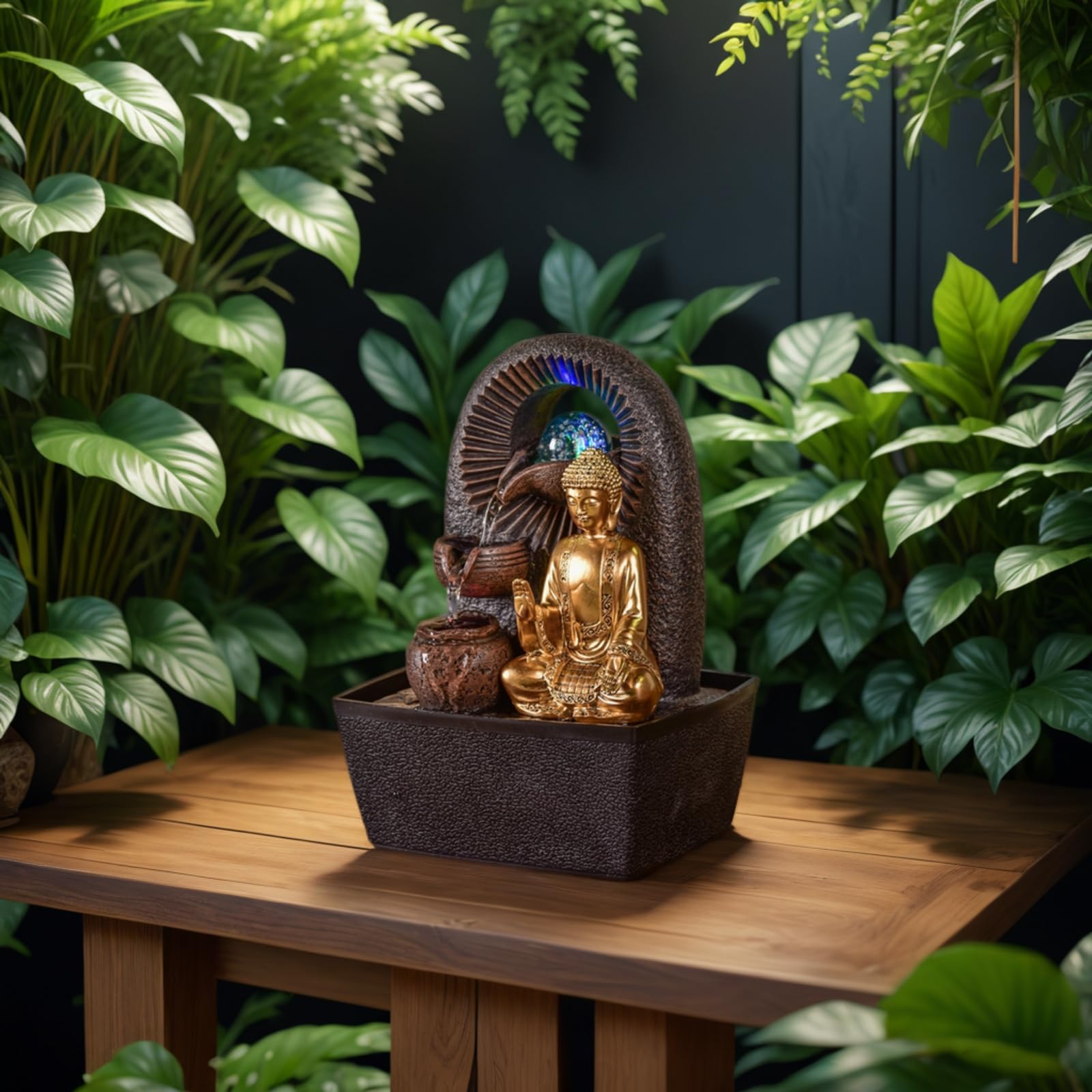 Fontana Buddha Bhava – Fontana interna Buddha rimovibile – Regali – Oggetto decorativo Zen Buddismo – Fontana da tavolo Luce LED – Circuito chiuso – Marrone e Dorato – H 26 cm – Zen'Light