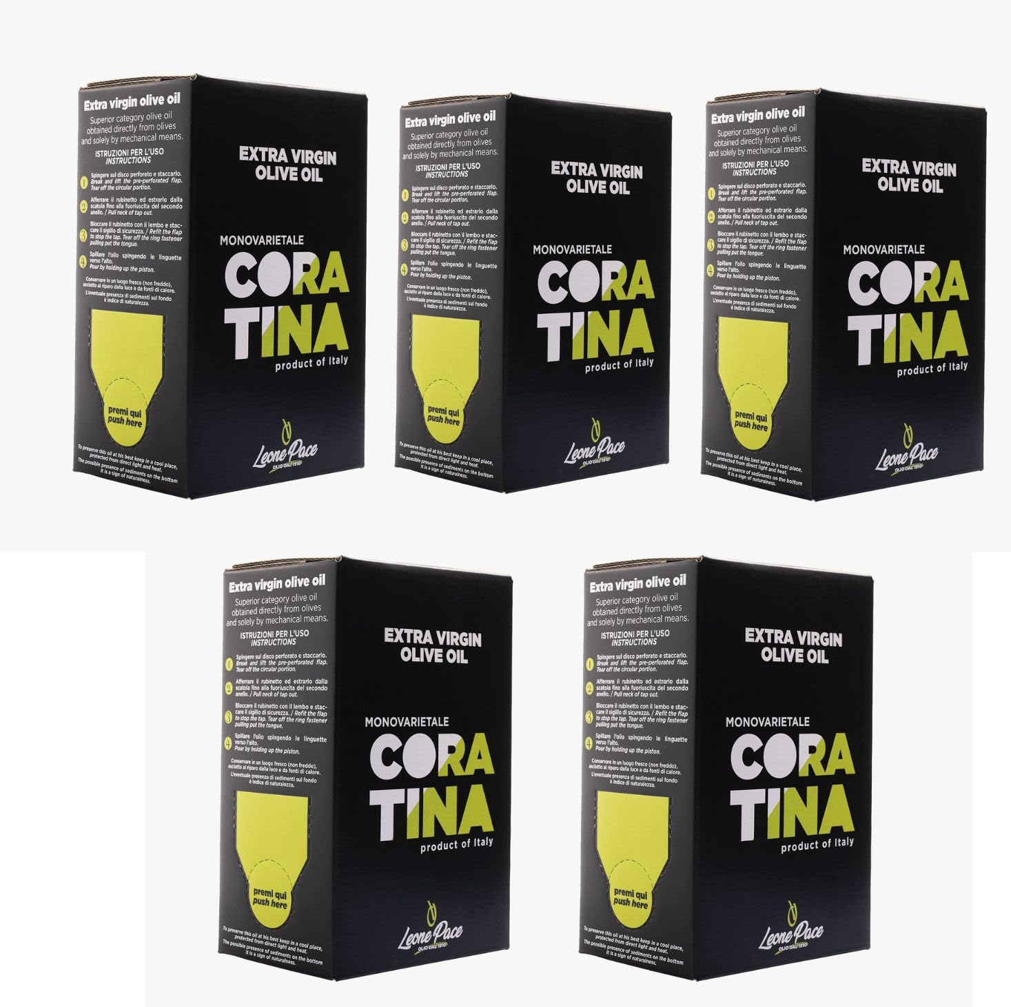 Leone Pace dal 1910- Olio Extravergine di Oliva dal Gusto Deciso e Intenso con note piccanti e amare equilibrate dall'aroma fruttato, esalta gli ingredienti donando sapore ai piatti-Bag in Box 5X1,5lt