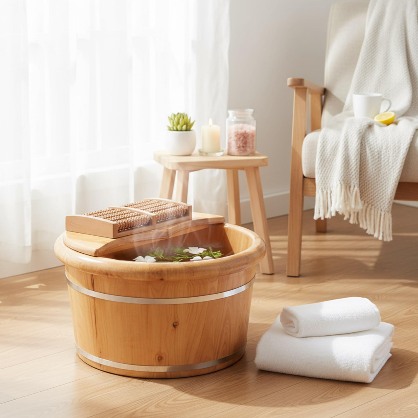 Geelin Seau de bain de pieds en bois de 26 cm de haut avec rouleau de massage et couvercle, bassin à pieds en bois épais isolé pour la relaxation, les semelles de massage, convient pour les familles