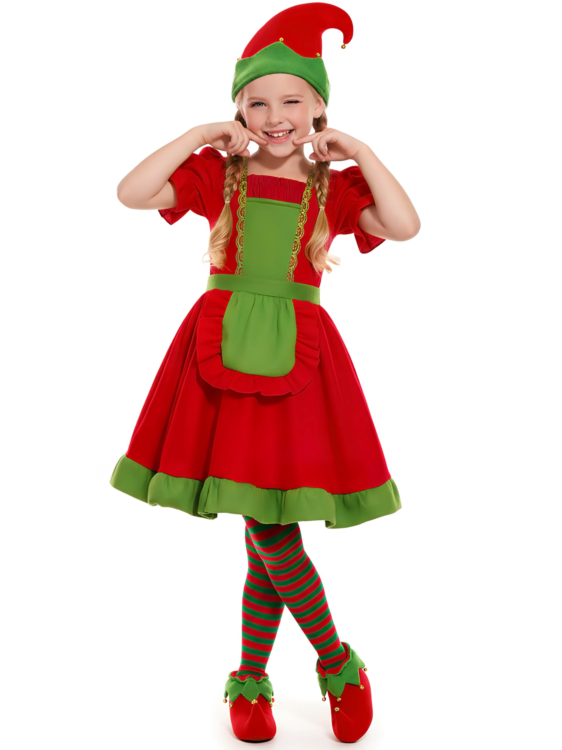 Bordazor Girls Elf Costume Xmas Elf Dress with Elf Hat Shoes Stockings