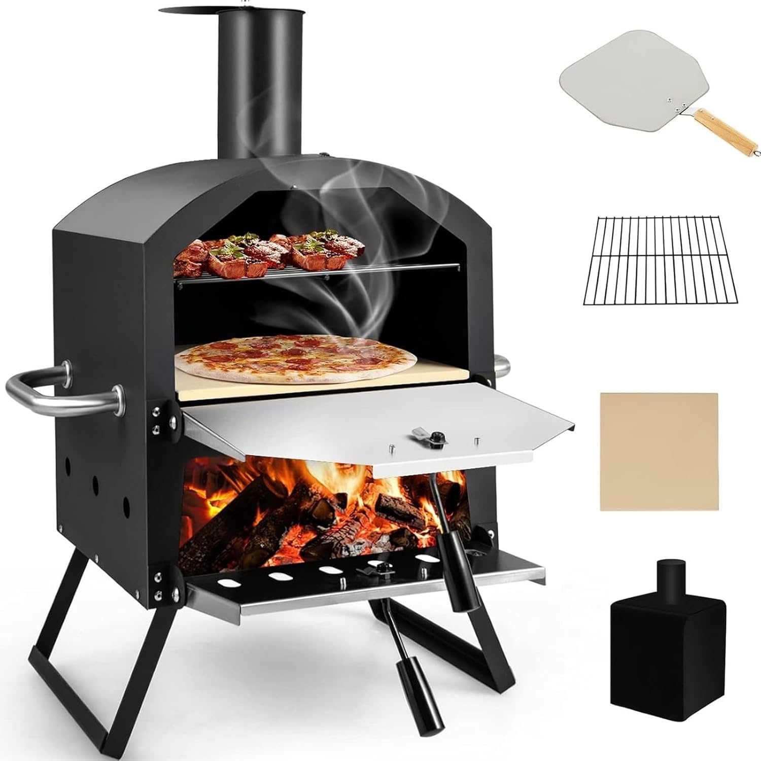 Outdoor Pizza Oven Wood Fired Pizza Oven with Pizza Stone Pizza Peel Grill Grate Oven Cover Outside Pizza Maker for Camping Backyard BBQ