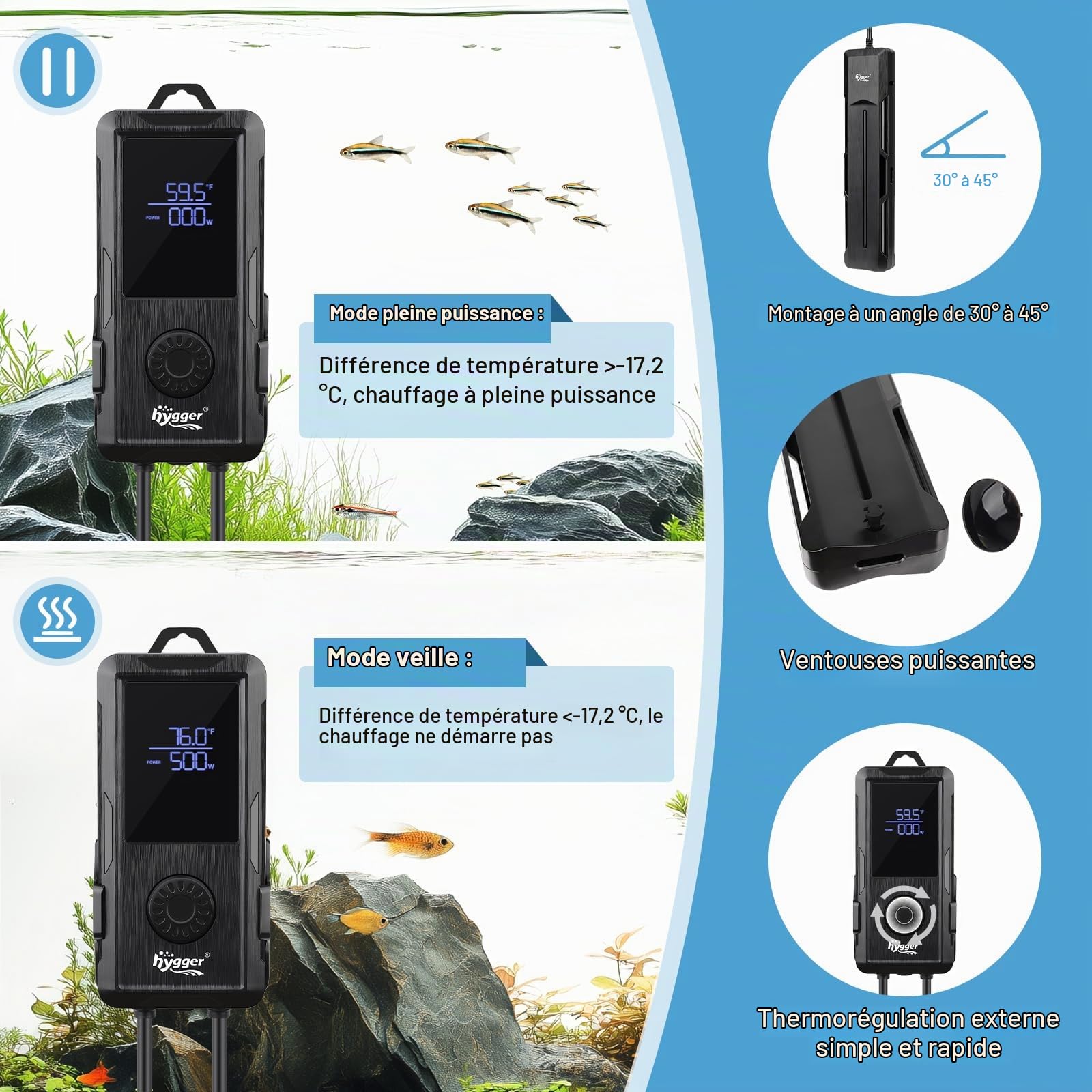 hygger Chauffage Aquarium Thermoplongeur Chauffe Eau,1000W Submersible Chauffage pour Aquarium Température Réglable avec Contrôleur d'affichage Numérique LED