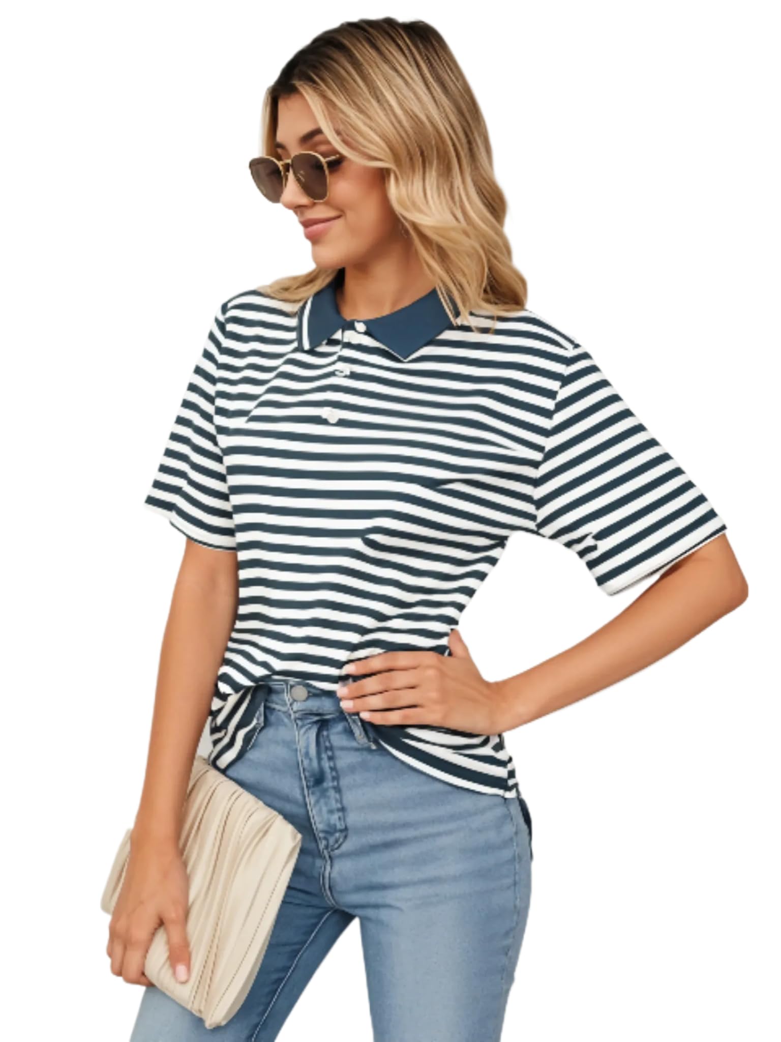 Women's Striped Cotton Rich Polo T Shirt | Collar Tshirts | Half Sleeves | Stripe-Regular Fit-MACK640589