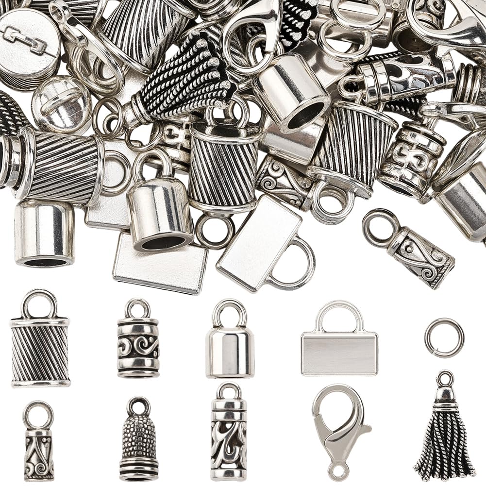 SUNNYCLUE 1 Box 230pcs Tassel End Caps Kumihimo Cord End Caps Alloy Metal Antique Silver Glue in Crimp String Leather Cords Tassel Ends Tips Supplies for Jewelry Making Kit Kumihimo Supplies Crafts