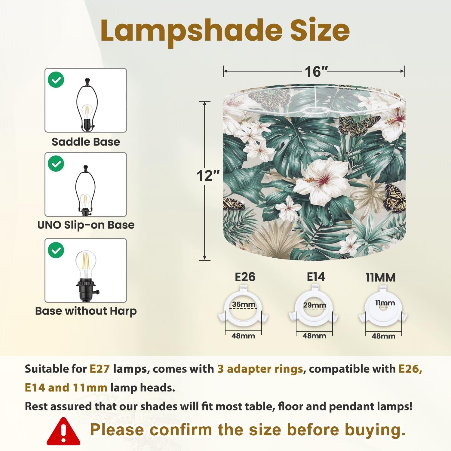 Drum Lamp Shades Tropical hibiscus palm leaves butterfly floral Lampshade for Floor Lamps Table Lamp Pendant Light Linen 16"x16"x12" Replacement Large Lampshades