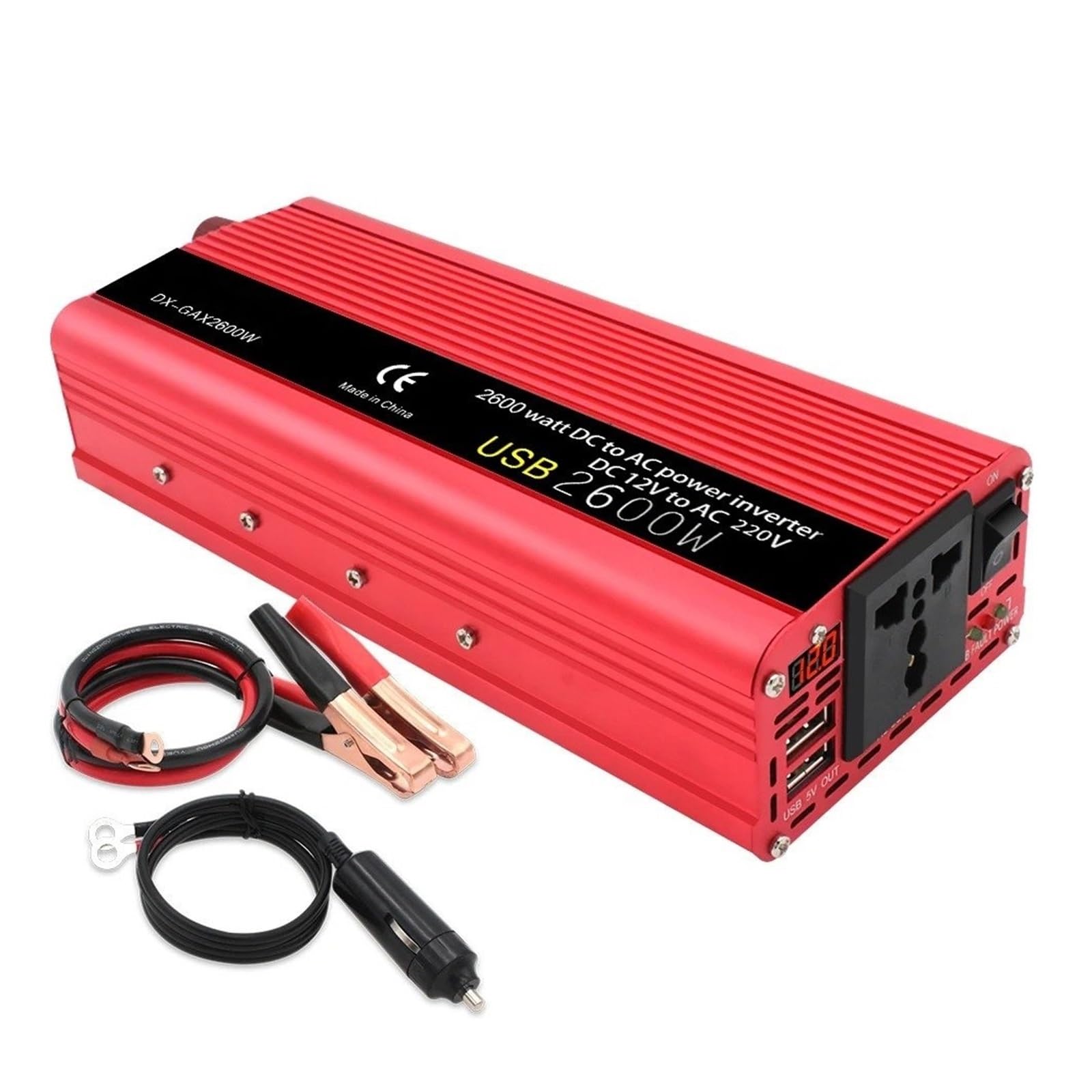 Inversor Corriente Universal para Coche 50 Hz 60 Hz 1500 W 2000 W 2600 W CC 12 V A CA 220 V Adaptador Batería Convertidor(12V,2600W Red LED,Universal 60Hz)