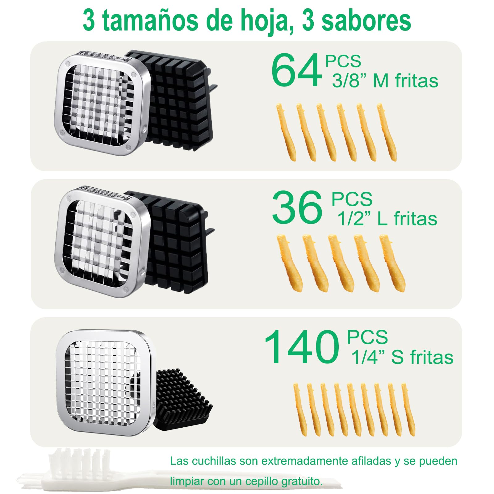 EASCANDY Cortador Profesional de Patatas Fritas, Cortador de Acero Inoxidable con Cuchillas de 12,7 mm, 9,5 mm y 6,35 mm, Resistente para Batatas, Zanahorias, Ñames y Pepinos