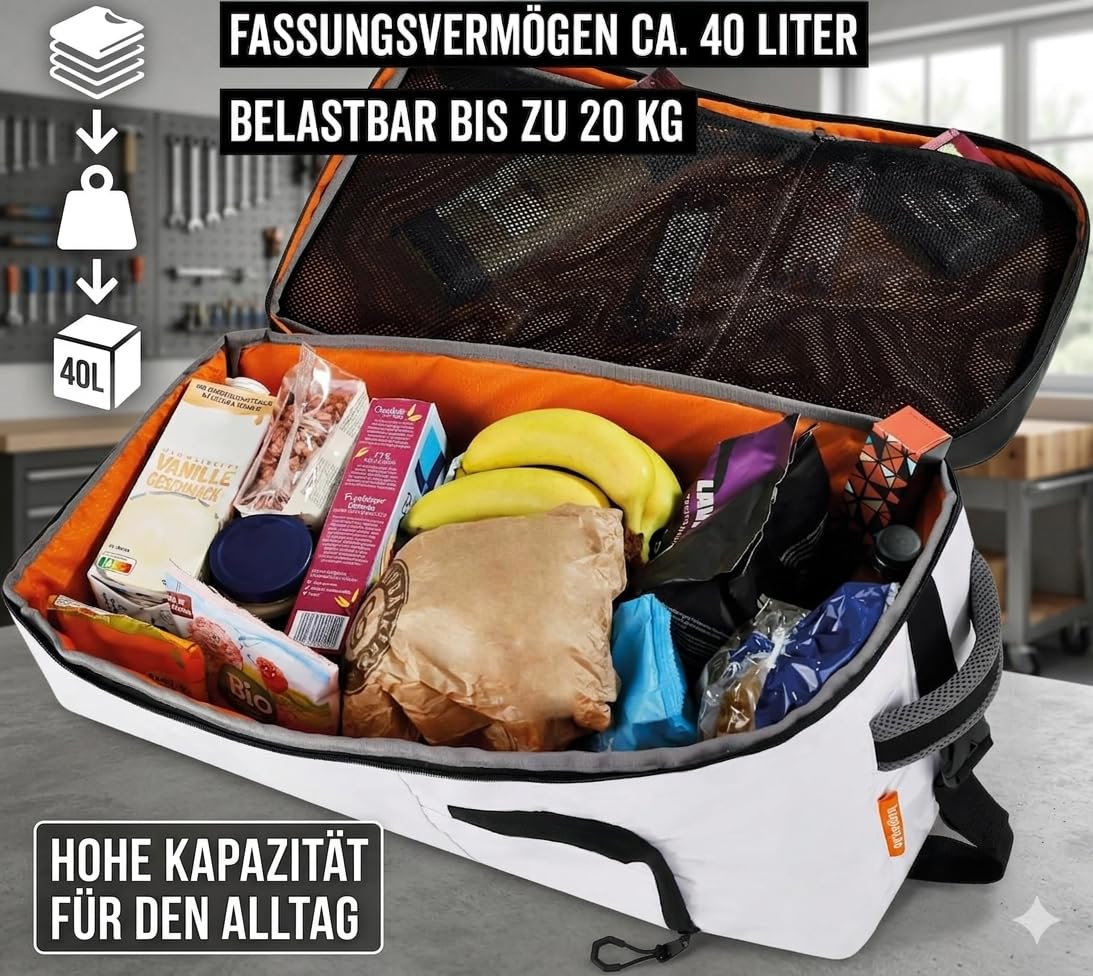 Fahrradrucksack wasserdicht 40L Schwarz Weiß – großer Rucksack für Herren & Damen – Einkaufsrucksack für Fahrrad, Gepäckträger & Kindersitz kompatibel – wasserfester PVC Rucksack