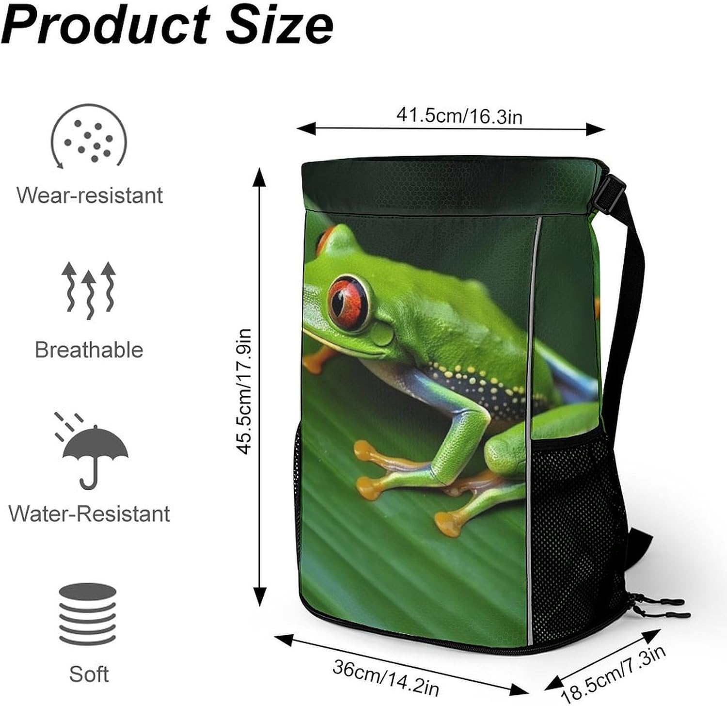 Small Gym Bag Animal Frog Green Leaf Leaves Printed Drawstring Gym Bag for Men Lightweight Waterproof Drawstring Backpack for Women with Shoe Compartment for Travel Tourism Work And Fitness