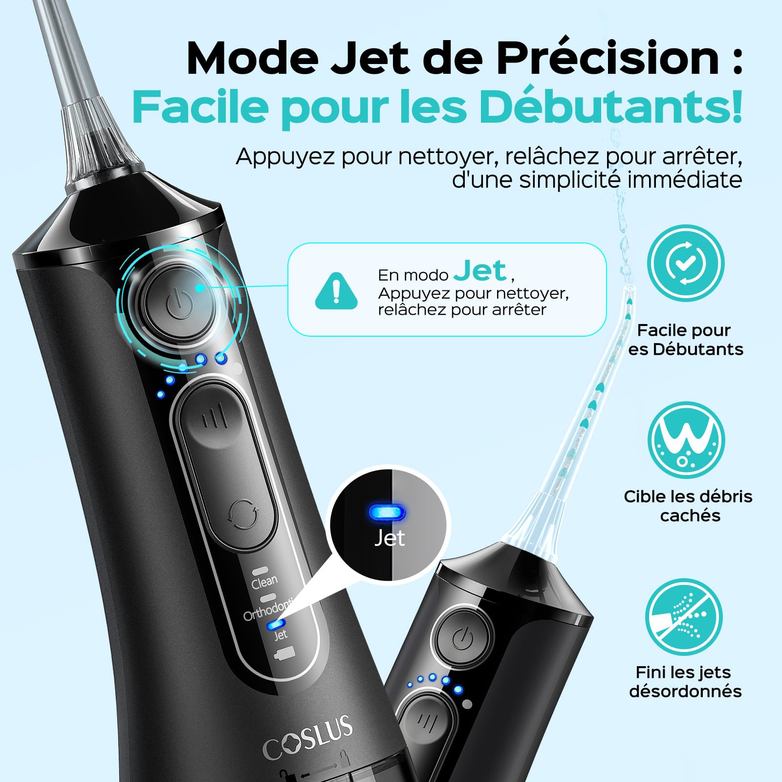 COSLUS C51 Jet Dentaire Hydropulseur Irrigateur Oral: 3 Modes & 18Niveaux, Pic Dentaire Eau pour Orthodontie, Appareil Dentaire, Gencives Sensibles, Compact pour Voyage, Noir Brillant