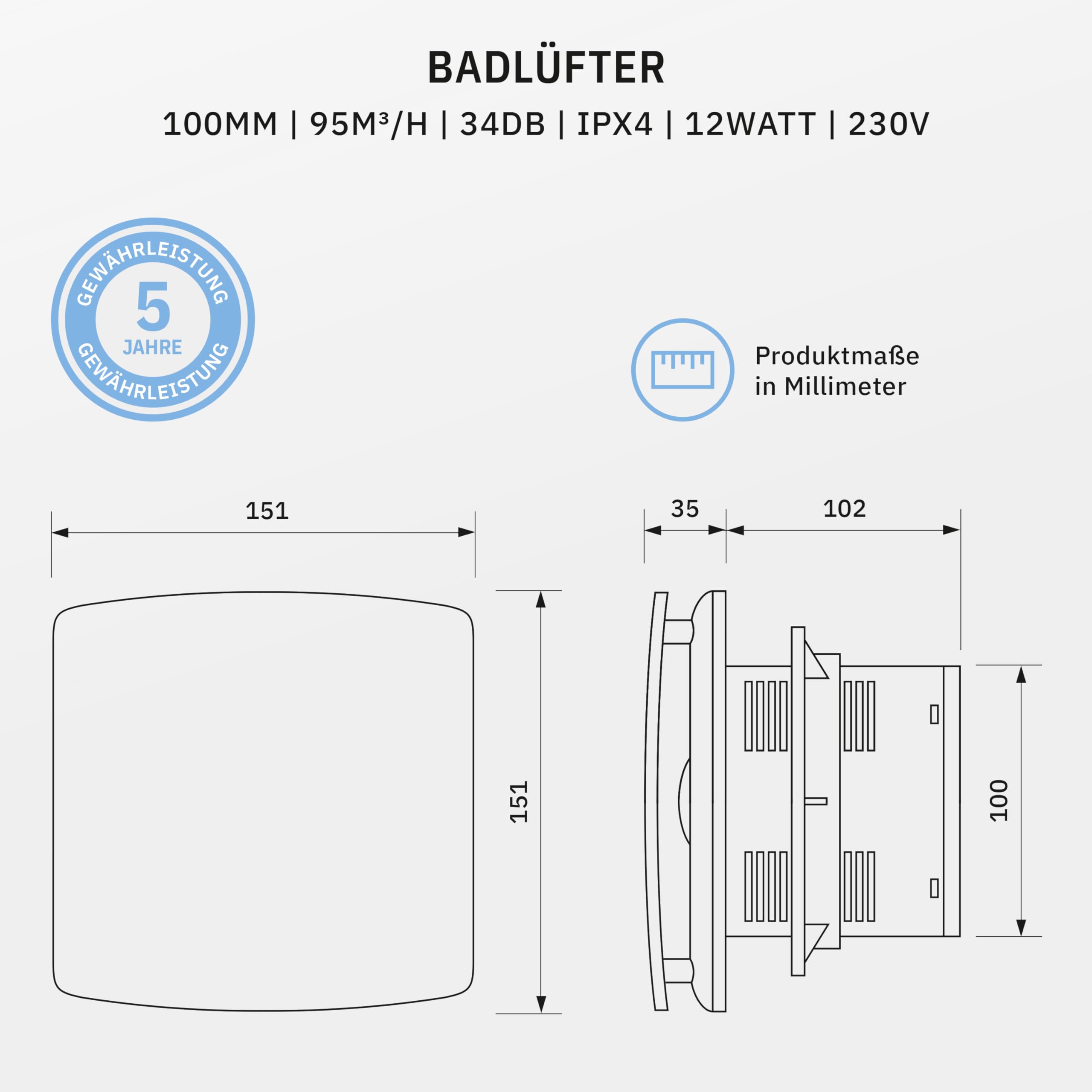 BREEZE Badlüfter 100mm Mit Nachlauf Und Rückstauklappe, Badlüfter Mit Feuchtigkeitssensor, Energieeffizient, Leise, Kunststoff 12 W, 95m³/h, 32db, Ipx4