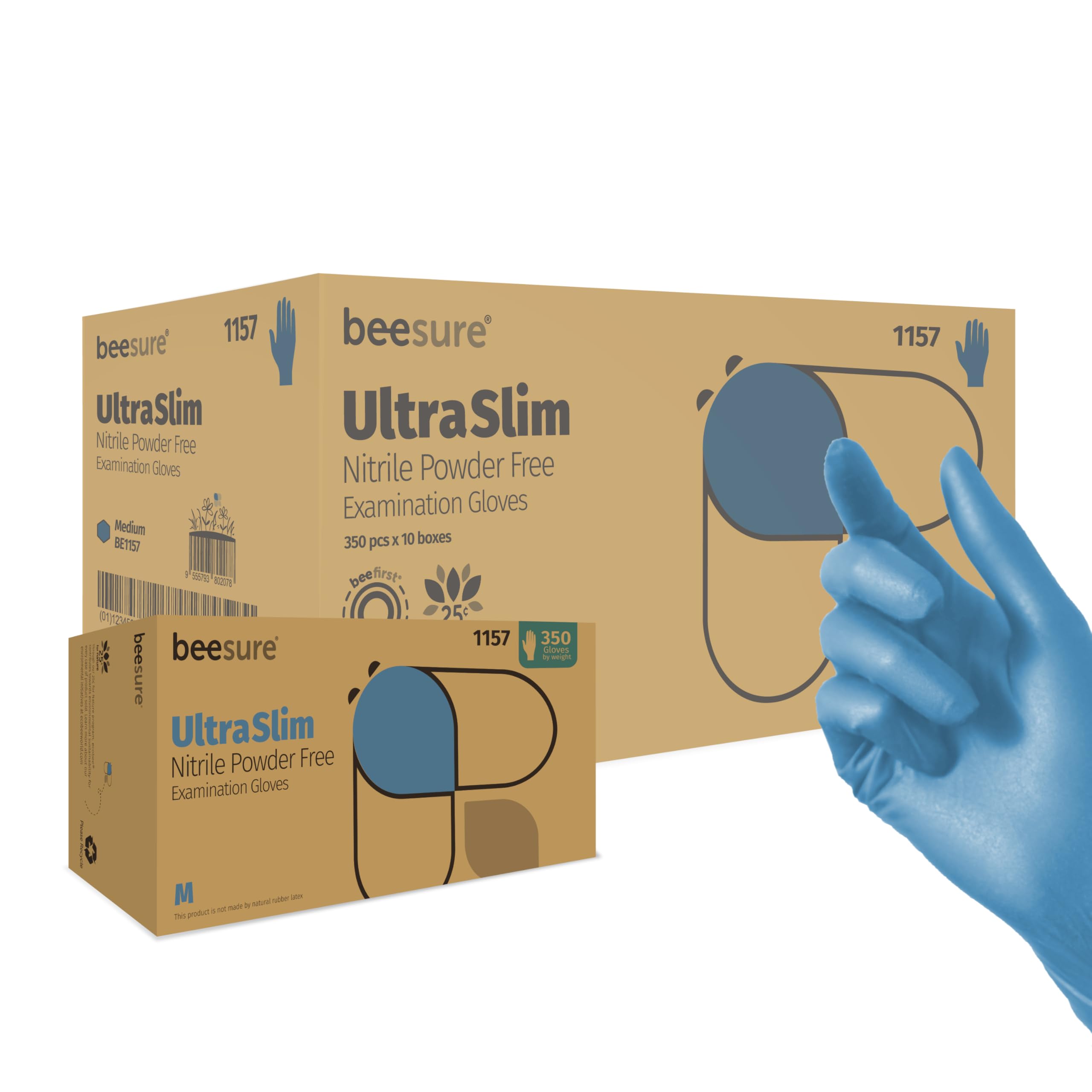 BeeSure UltraSlim Blue Nitrile Powder-Free Exam Gloves, Pack of 3000, Large, 2.0 Mil