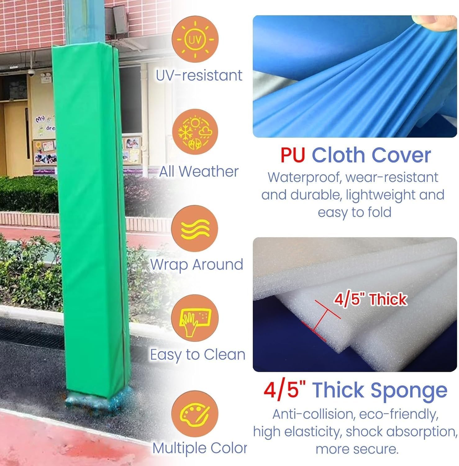 5ft Basketball Hoop Padding for Square Pole, 3x3 5x5 7x7 Indoor Outdoor Basketball Crash Pad, Anti-Collision Square Pole Padding Wrap Around for Basement/Gymnasium