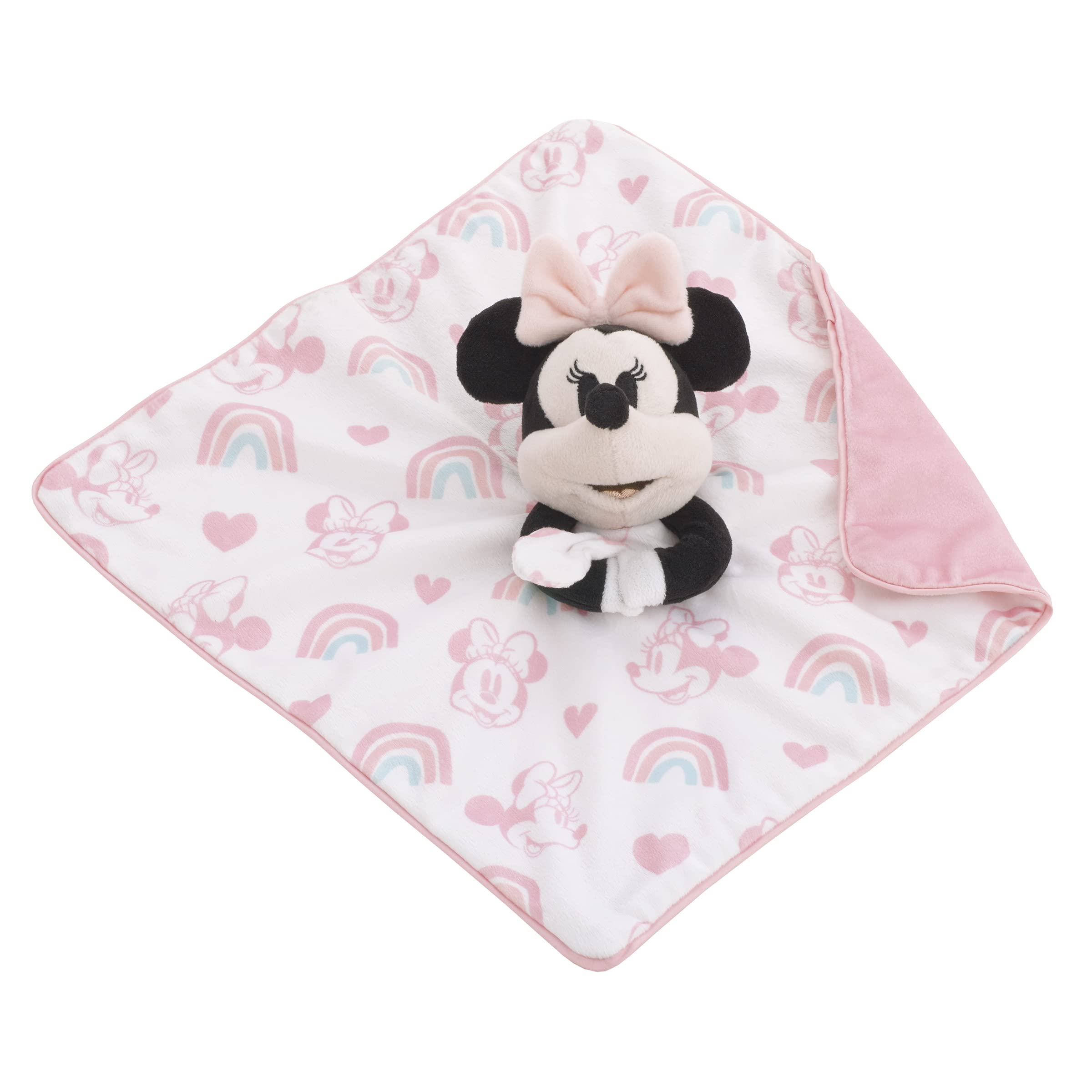 Disney Minnie Mouse Sicherheitsdecke, Weiß, Rosa und Aquamarin, Regenbogen und Herz Lovey