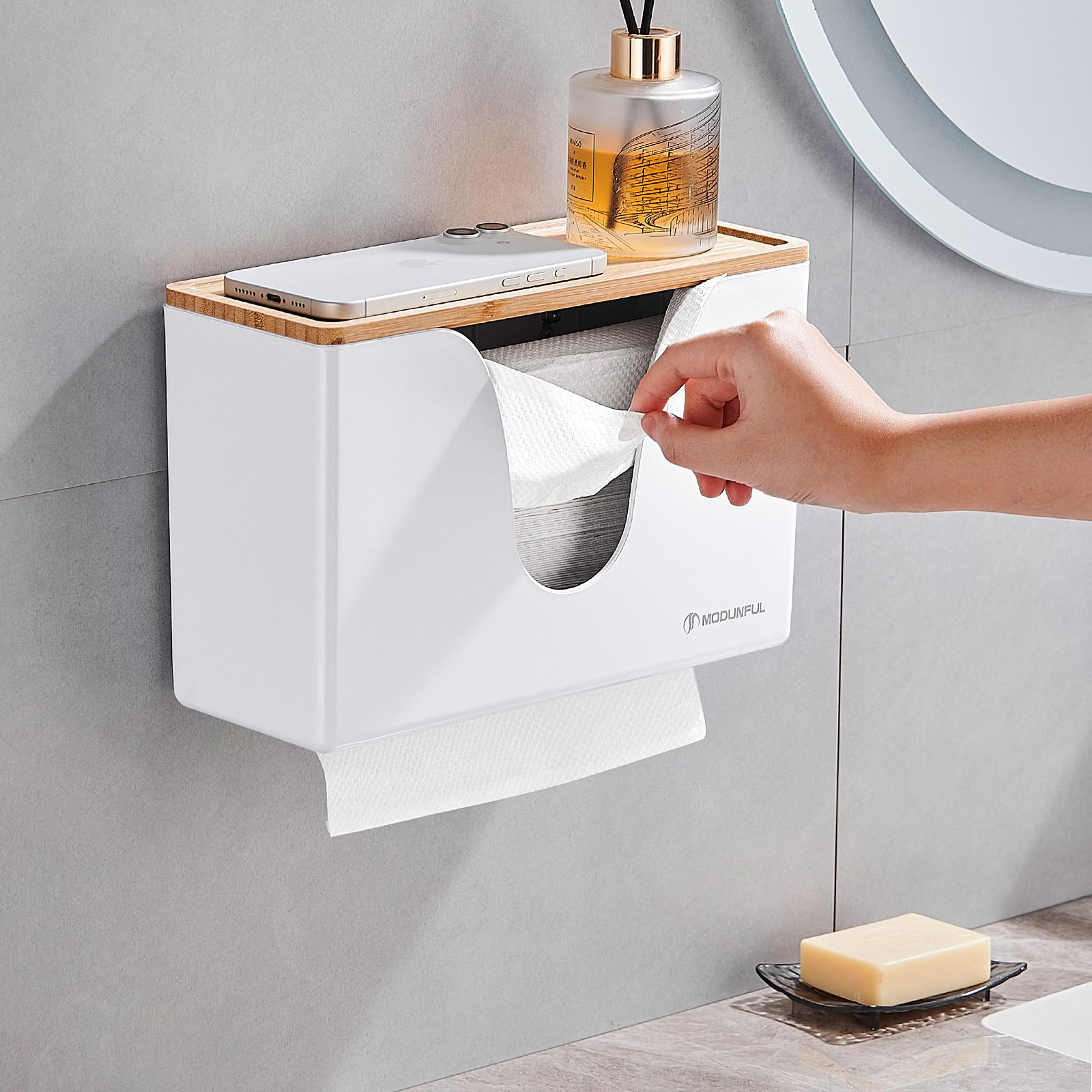 modunful Dispenser Carta Asciugamani con Coperchio in Legno, Dispenser Salviette Bagno Commerciale a Parete e Tavolo, Senza Fori, per Tovaglioli Piegati, es. H2, Bianco