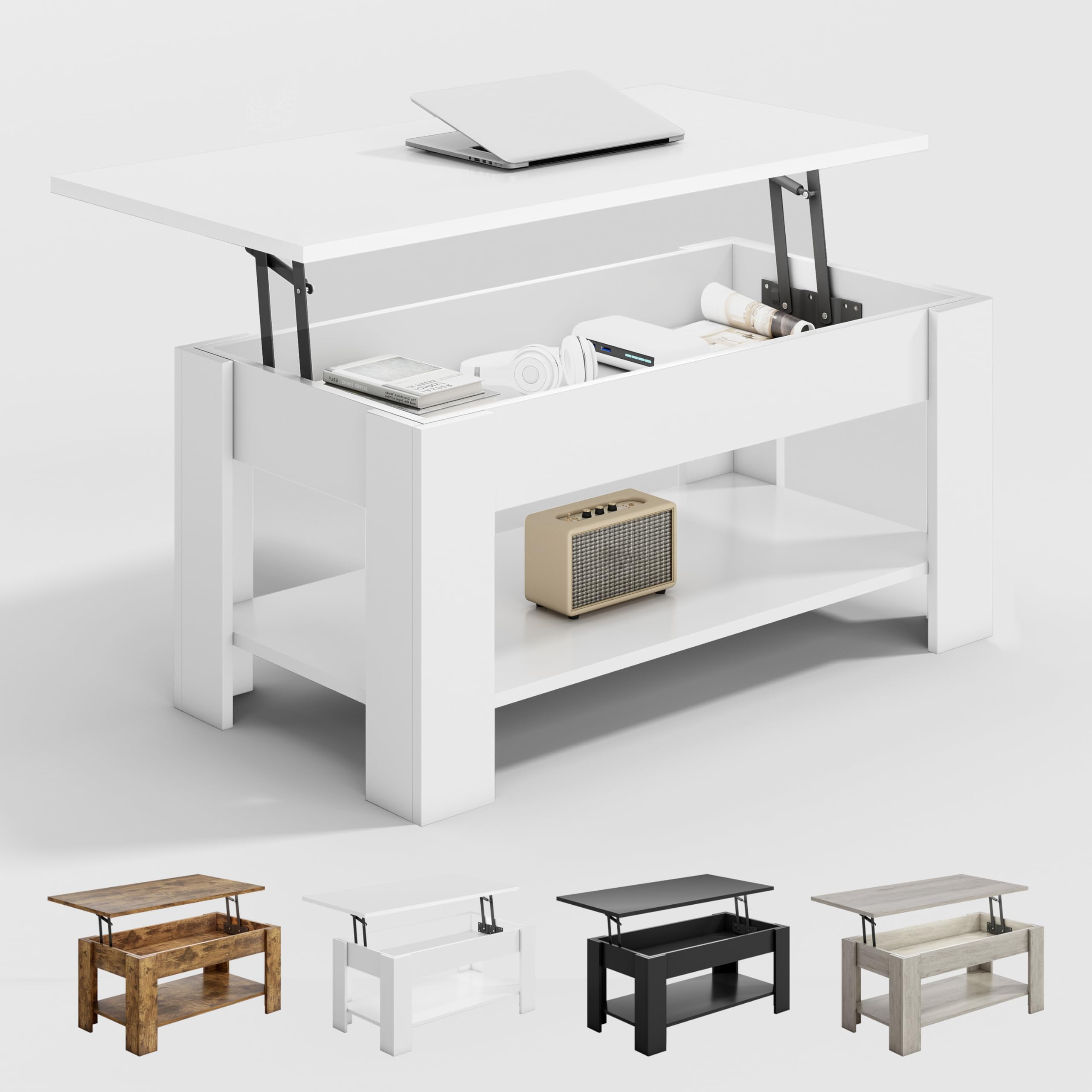 mcc direct Lift-Top Coffee Table with Hidden Storage & Open Shelf – Versatile Wooden Tea Table for Living Room or Reception (White)