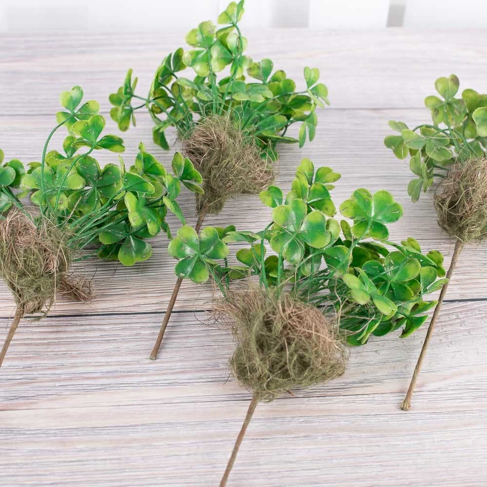 Factory Direct Craft Pack of 4 Artificial Shamrock Bushes with Roots for St. Patrick's Day Decorations and Spring Displays - Saint Paddy's Fake Clover Stems add The Luck of The Irish