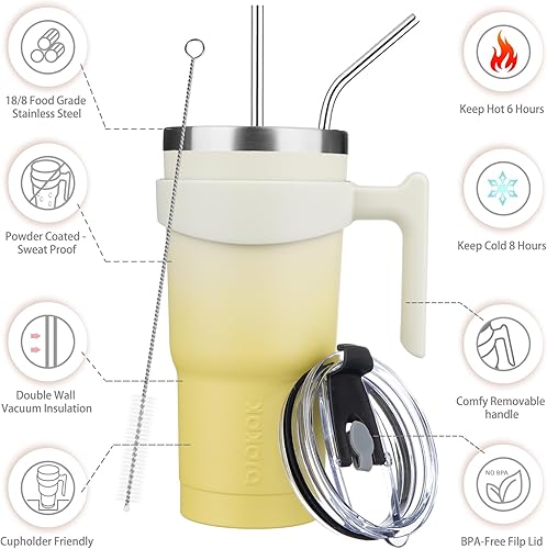 Miniatura 2 de BJPKPK Vaso con asa y tapa para pajilla, vaso de café aislado de acero inoxidable de 20 onzas para el hogar, la oficina o el automóvil, limón