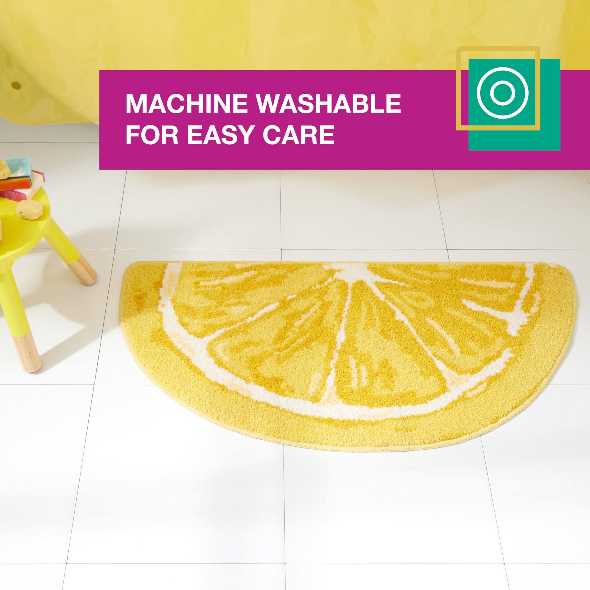 TOWN & COUNTRY PLAY Citrus Slice Tapis de Bain en Forme de Demi-Cercle, Tapis de Sol touffeté Absorbant, Dos antidérapant, Lavable en Machine, Jaune, 88,1 x 46 cm