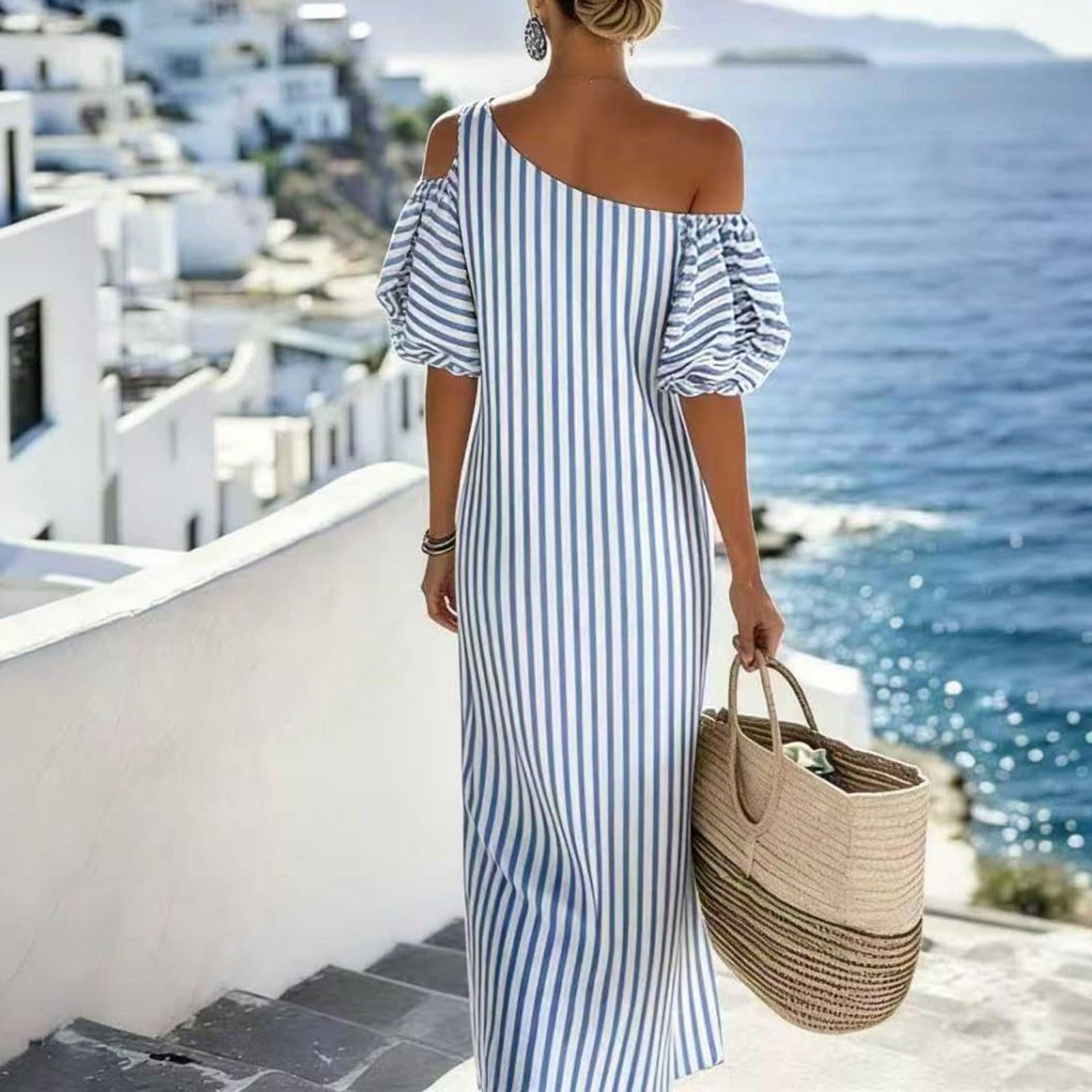 Vestiti Sexy A Tubino Abito Lungo da Donna Estivo 2026 a Righe Monospalla con Maniche a Sbuffo, Ideale per Le Vacanze e per Tutti i Giorni. Vestiti Lungo Estivi