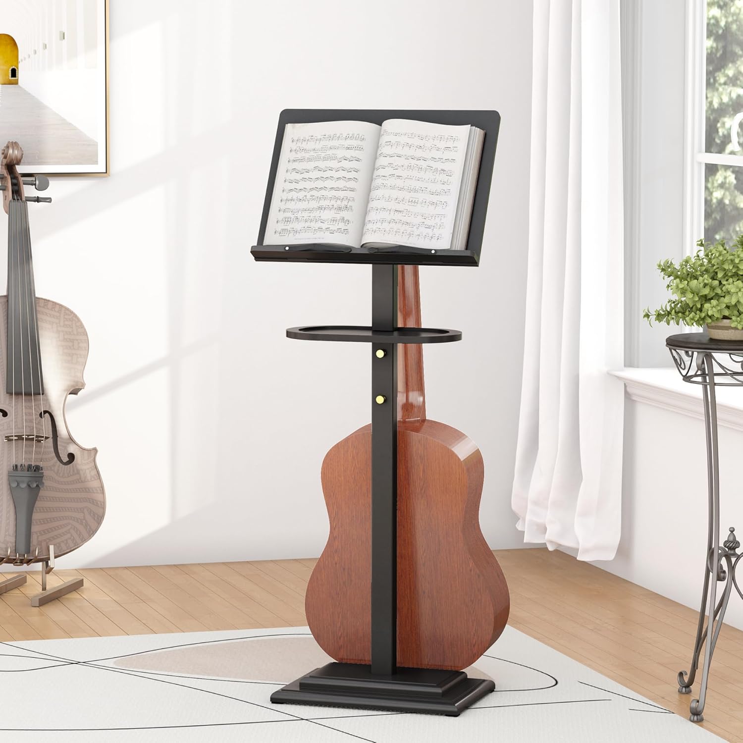 Music Stand for Sheet Music - Bamboo Folding Sheet Music Stands With Tray Guitar Clip, Wooden Sheet Music Organizer Height Adjustable 39.37''-51.2'' for Conductor Lectern Violin (Black)