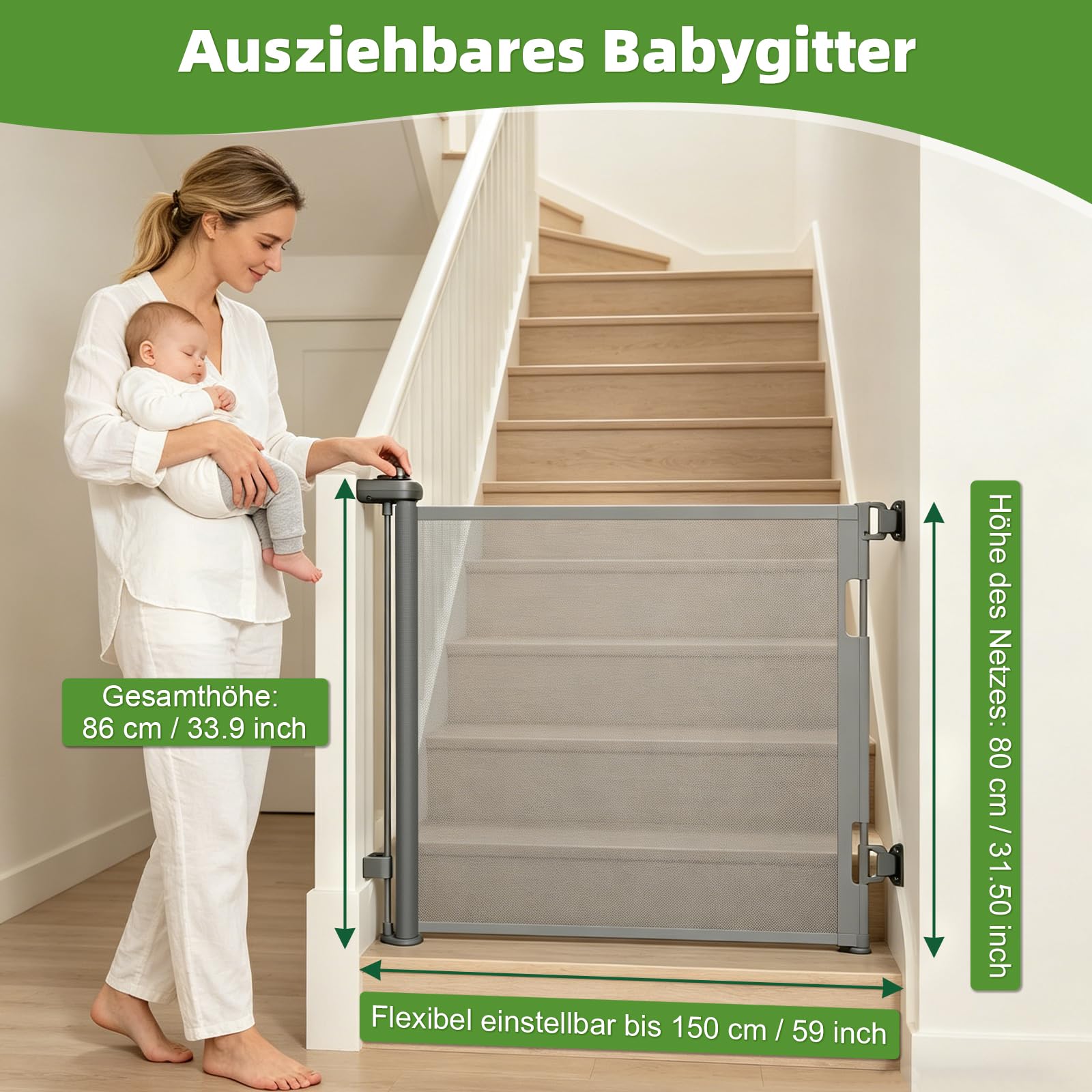 Dioxide Treppenschutzgitter Ausziehbar 0-150 cm für Babys Kinder Hunde Grau