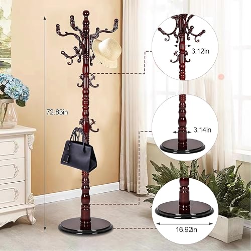 Miniatura 2 de Perchero independiente, perchero de madera con 14 ganchos, base de disco estable, base de disco estable, para dormitorio, oficina, pasillo, entrada