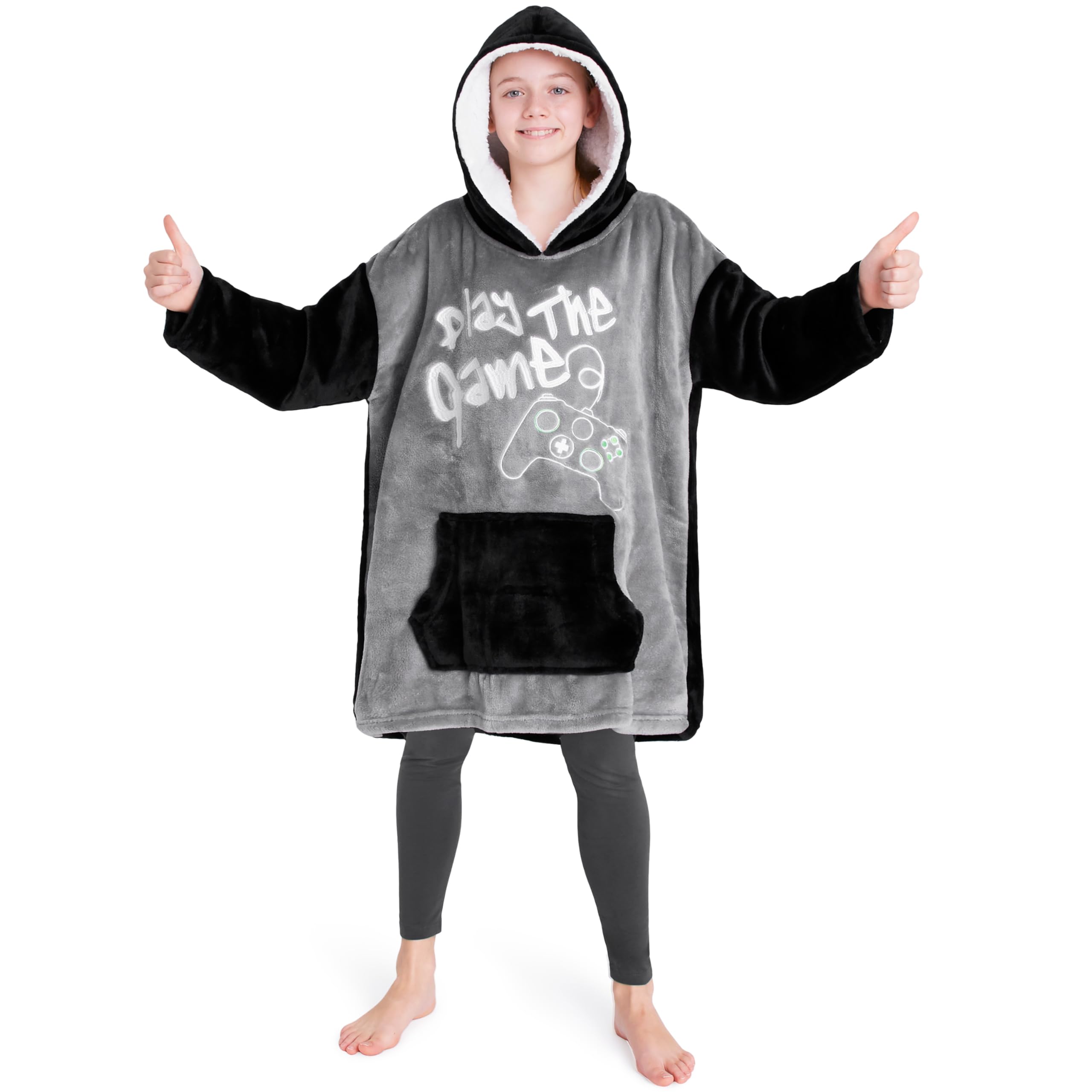 CityComfort Hoodie Blanket for Kids & Teenagers Fleece Wearable Blanket Warm Gamer Football Oversized Hoodie with Sherpa Hood Loungewear Gaming Gifts (Silver Gaming)