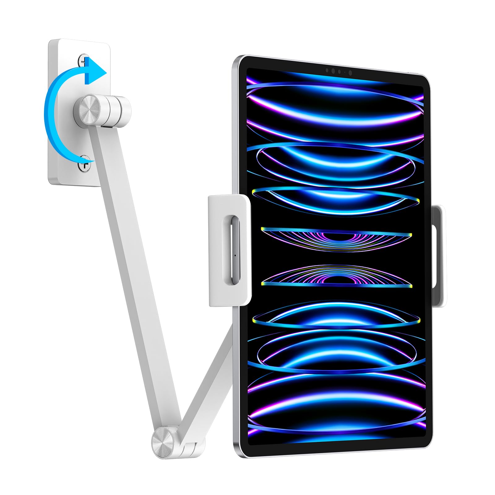 BEWISER Soporte de pared para tablet, base giratoria blanca, soporte para iPad, altura ajustable, compatible con almohadilla de 4,7 – 12,9 pulgadas, teléfono, Galaxy Tab, atornillable, soporte para