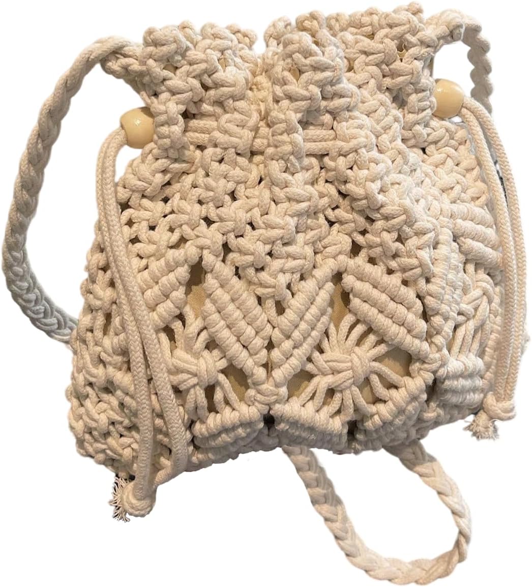 OYOANGLE Women's Braided Bucket Bag Drawstring Crossbody Bags Hollow Out Crochet Shoulder Handbag