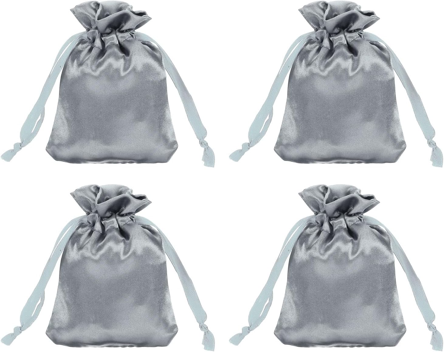 MECCANIXITY Satin Bags with Drawstring, 3x4 Inch Wedding Favor Bag Mini Gift Packaging Bag for Birthday Christmas Jewelry Party (Grey, Pack of 4)