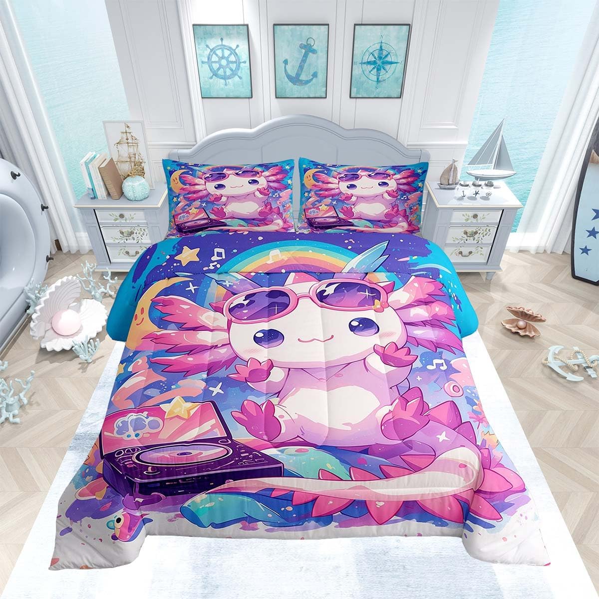 Feelyou Cute Axolotl Comforter Set Toddler Size Rainbow Print Quilt Set Kawaii Animal Theme Bedding Comforters 2pcs for Kids Teens Room Decor,Milk Tea Soft Duvet Set with 1 Pillowcase