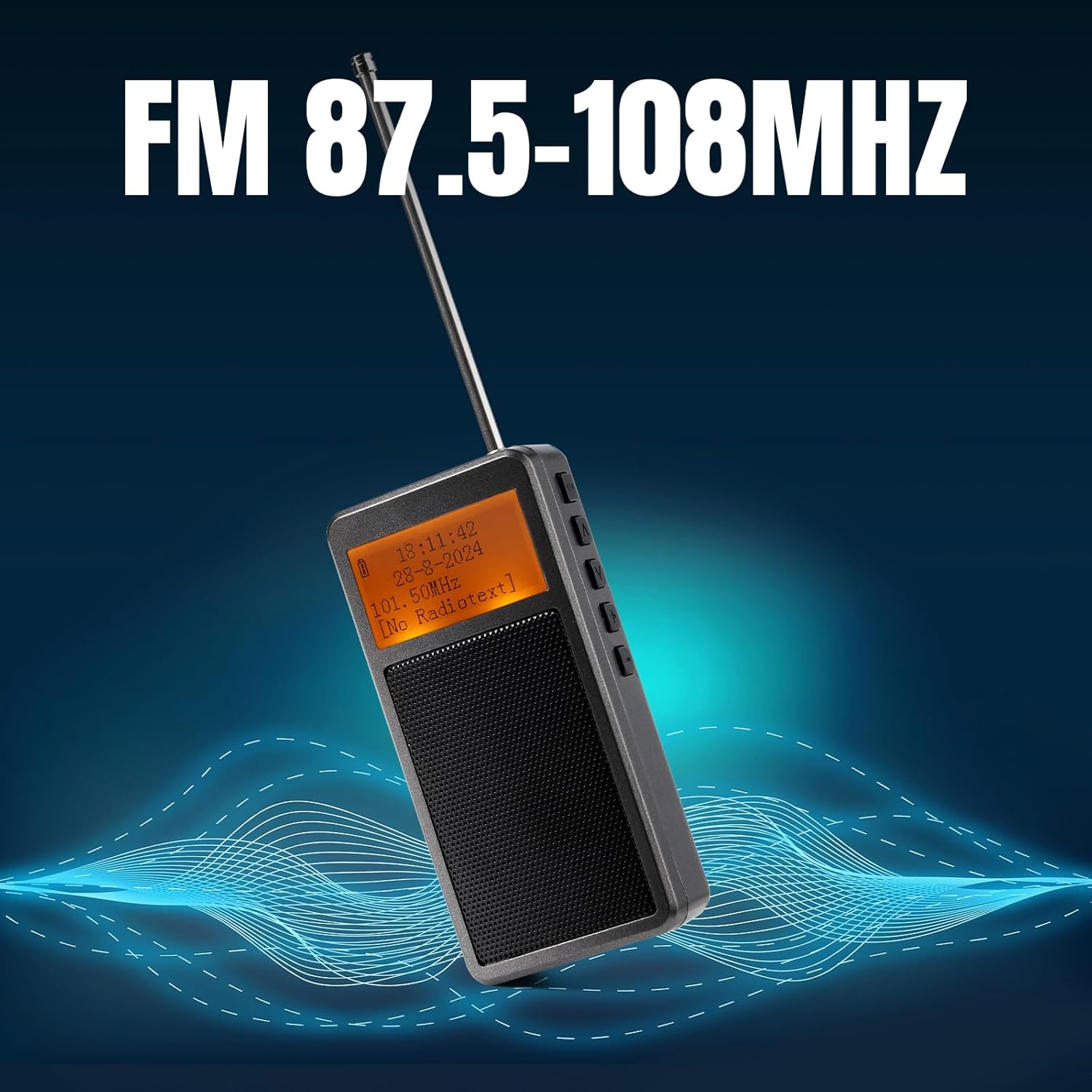 The Raddy RF205 radio with its antenna extended, displaying 'FM 87.5-108MHz' and showing sound waves emanating from it, indicating FM reception.