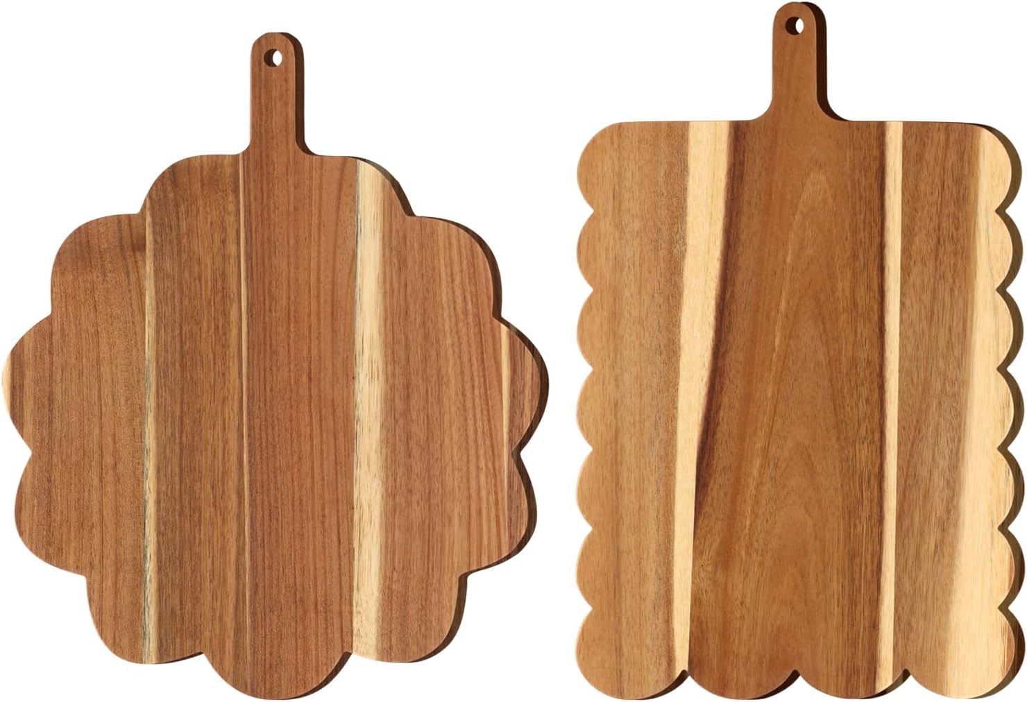 2 Piece Solid Wood Scalloped Cutting Board Set with Handles, Round 11.8" and Rectangular 15.8×9.8", Wooden Charcuterie Boards Serving Tray for Cheese Pizza Meat Fruit Bread Baking