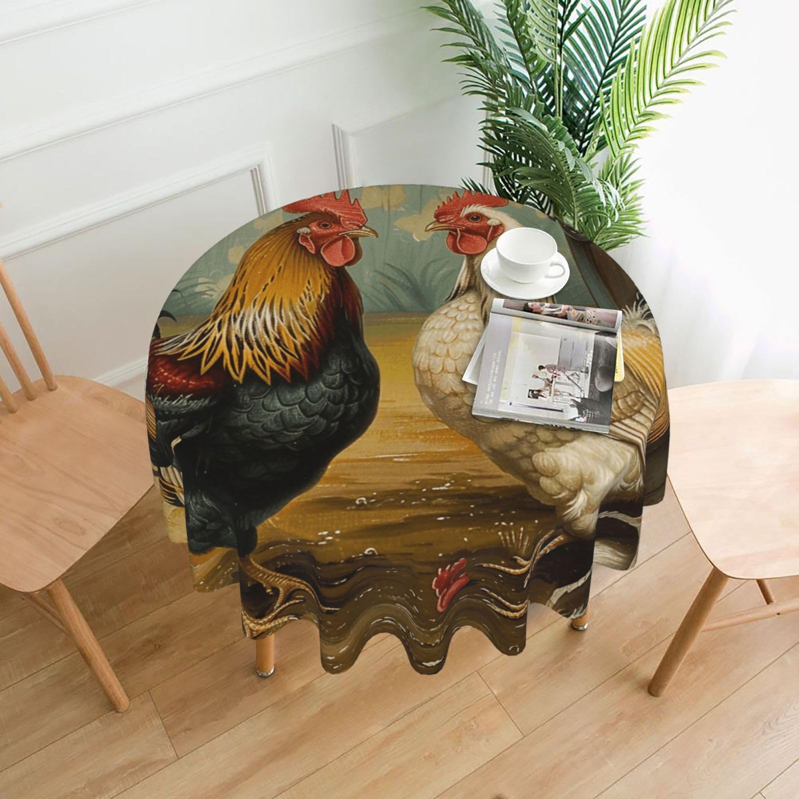 WPKJU Chicken and Rooster Print Printed Round Tablecloth 60 in Water Resistant Table Cover Washable Table Cloth for Dining Tables