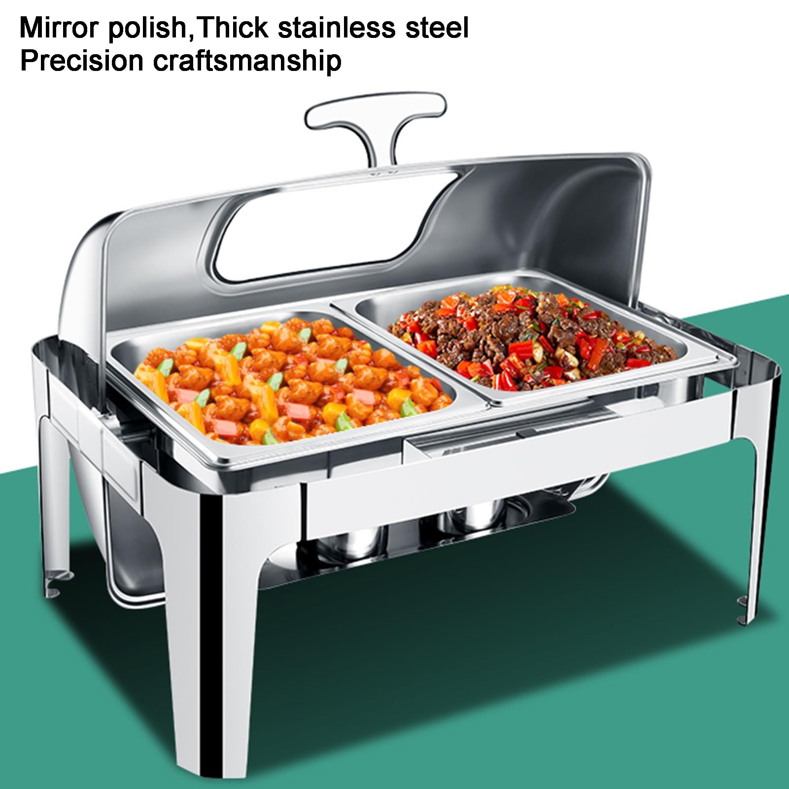 Set da buffet con scaldavivande con coperchio a rullo, vassoio espositivo per servire cibo, contenitore scaldacondimenti in acciaio inossidabile per hotel e matrimoni (argento-B, 10 cm/2 griglie) (ar