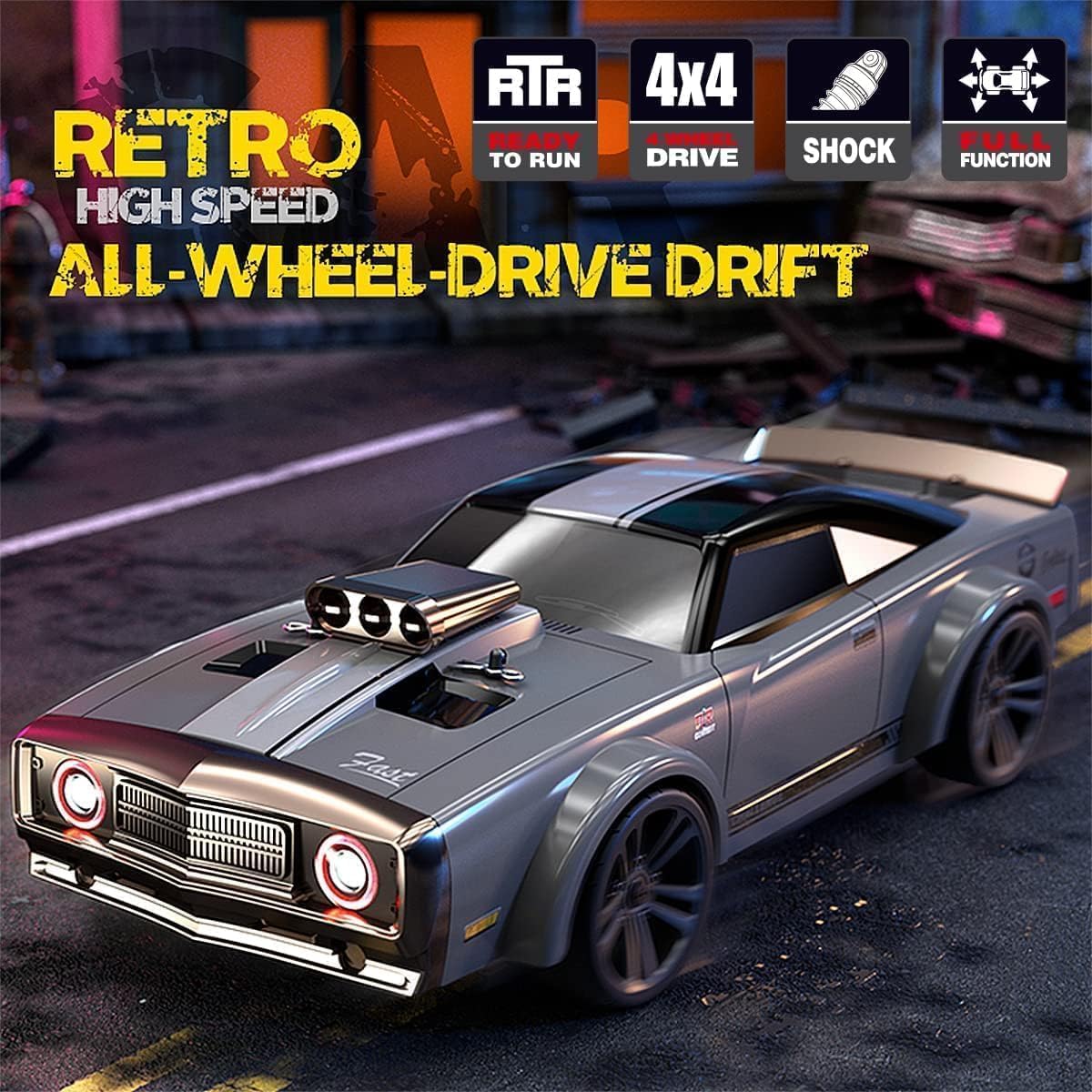 CROPDAK Remote Control Car 1/16 Scale 38Km/h High Speed RC Car for Kids Adults 4X4 Off-Road Drift Truck Muscle Car, Speed & Steering Control Drift Racing Car with 7 Modes Lights (1 Batteries) 1