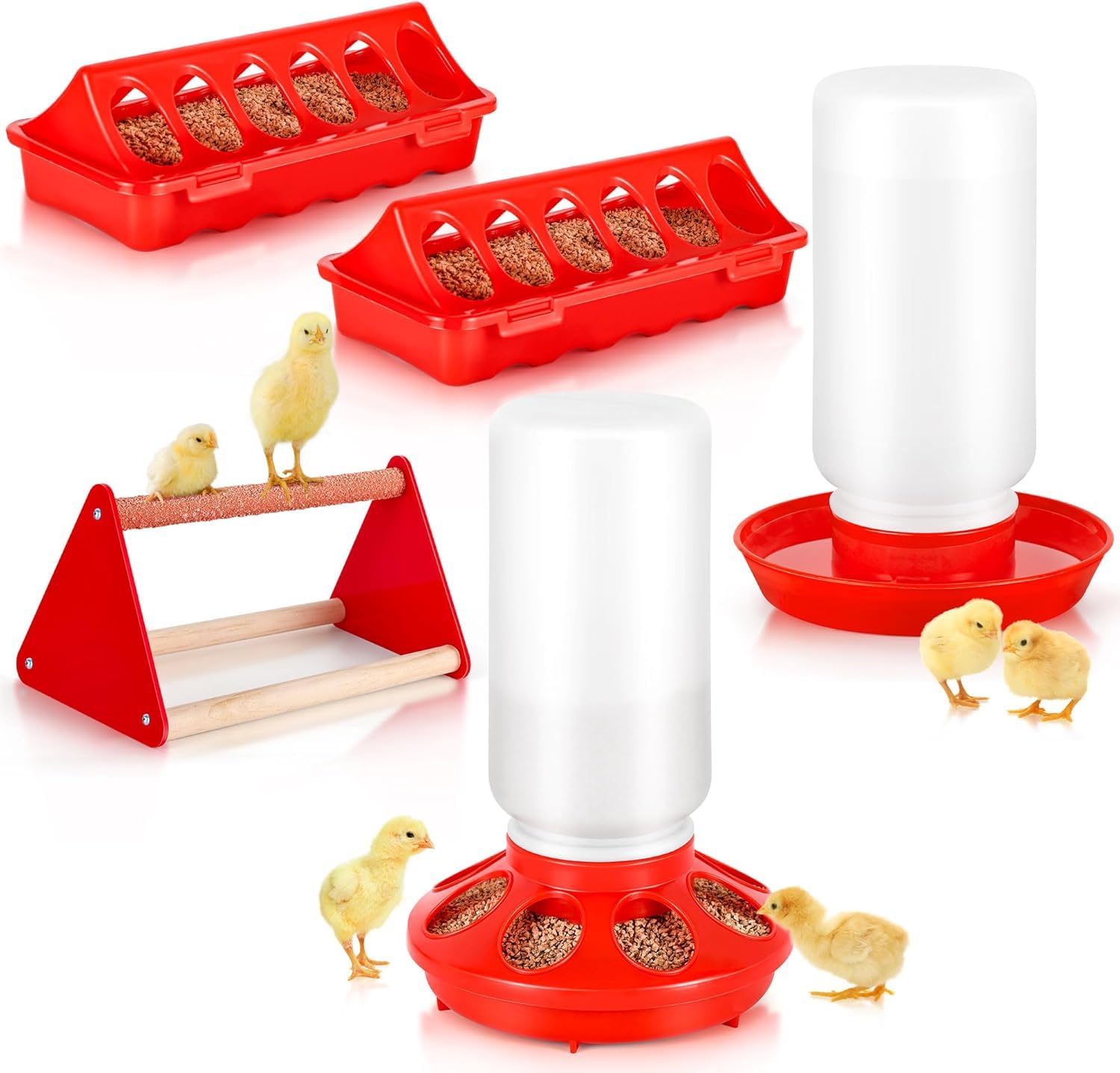5pcs1kg Hühner Futterautomat und 1 L Hühnertränke im Set,Geflügel Futterautomat und Tränke im Set mit Hühner-Sitzstange, Für kleines Geflügel wie Wachteln, Tauben, Gänsen sowie deren Daunen usw.