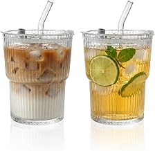 2 Pack Matcha Cups, Iced Coffee Glass Cup 400ml/13.5oz with Lid and Straw, Can Shaped Drinking Glasses with Reusable Tumbler for Smoothies Latte Matcha Beer Juice Cold and Hot Drinks Dishwasher Safe