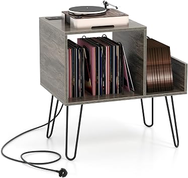 CASART Record Player Stand, Turntable Stand with Charging Station, Removable Dividers & Metal Legs, Vinyl Record Storage Cabinet Holds up to 145 Albums End Table for Living Room Bedroom Grey