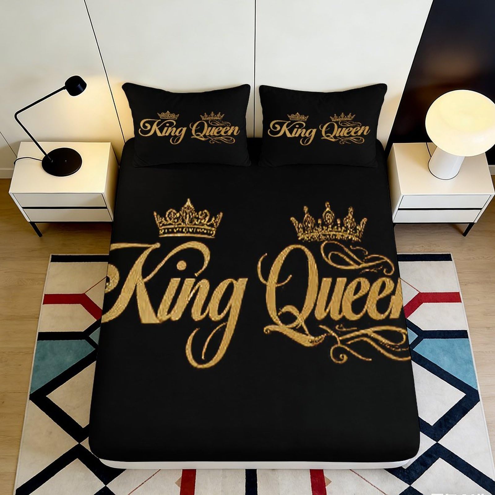 3D Printed King Crown Fitted Sheet Microfiber Black Gold Queen Letter Mattress Cover for Bedroom Guestroom Decor 90x200x25cm