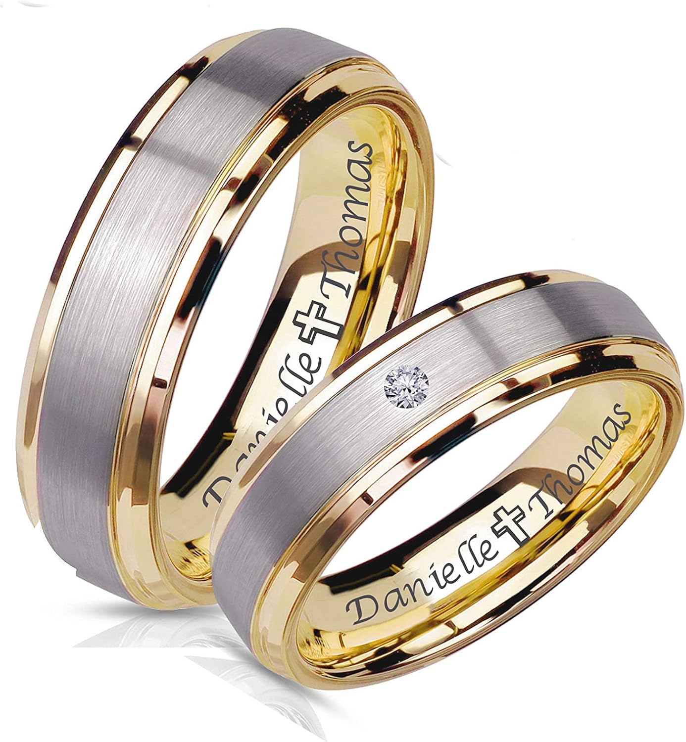 A & L Engraving Personalized Rings With Gold Accent Satin Silver Center Stainless Steel Ring Set, Engraved Couple feets Ring Set Custom, Wedding Band, Engraved Free, Gold Plated