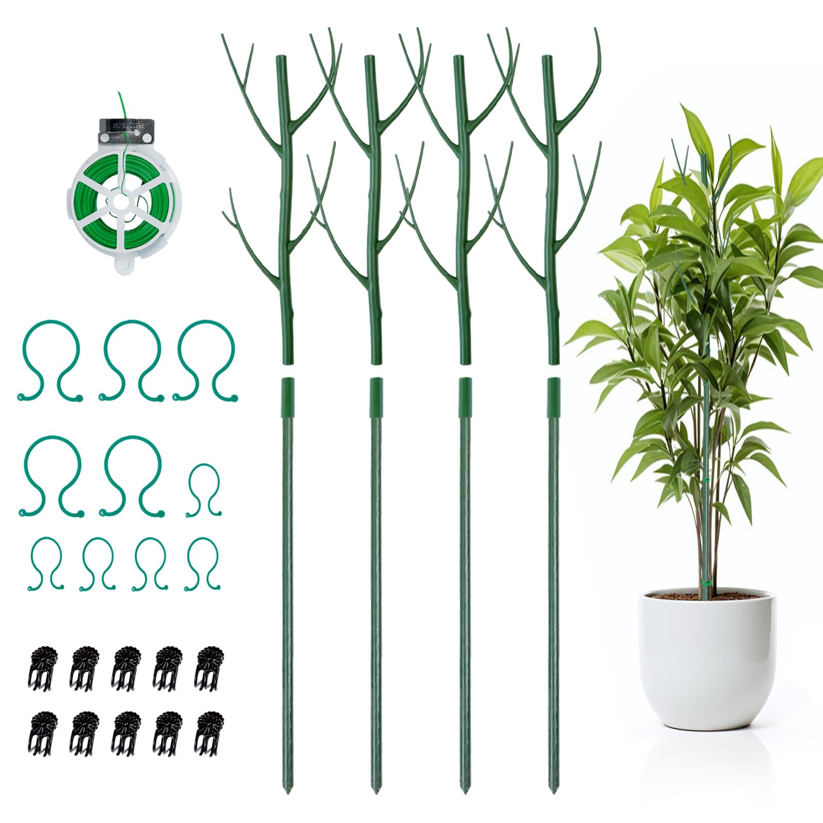 Monstera 4 Pack Plant Support Stakes, 28.8” Plant Stakes with Orchid Clips and Twist Ties, Plant Support Plant Stakes for Indoor Plants, Perfect Indoor Plant Stakes