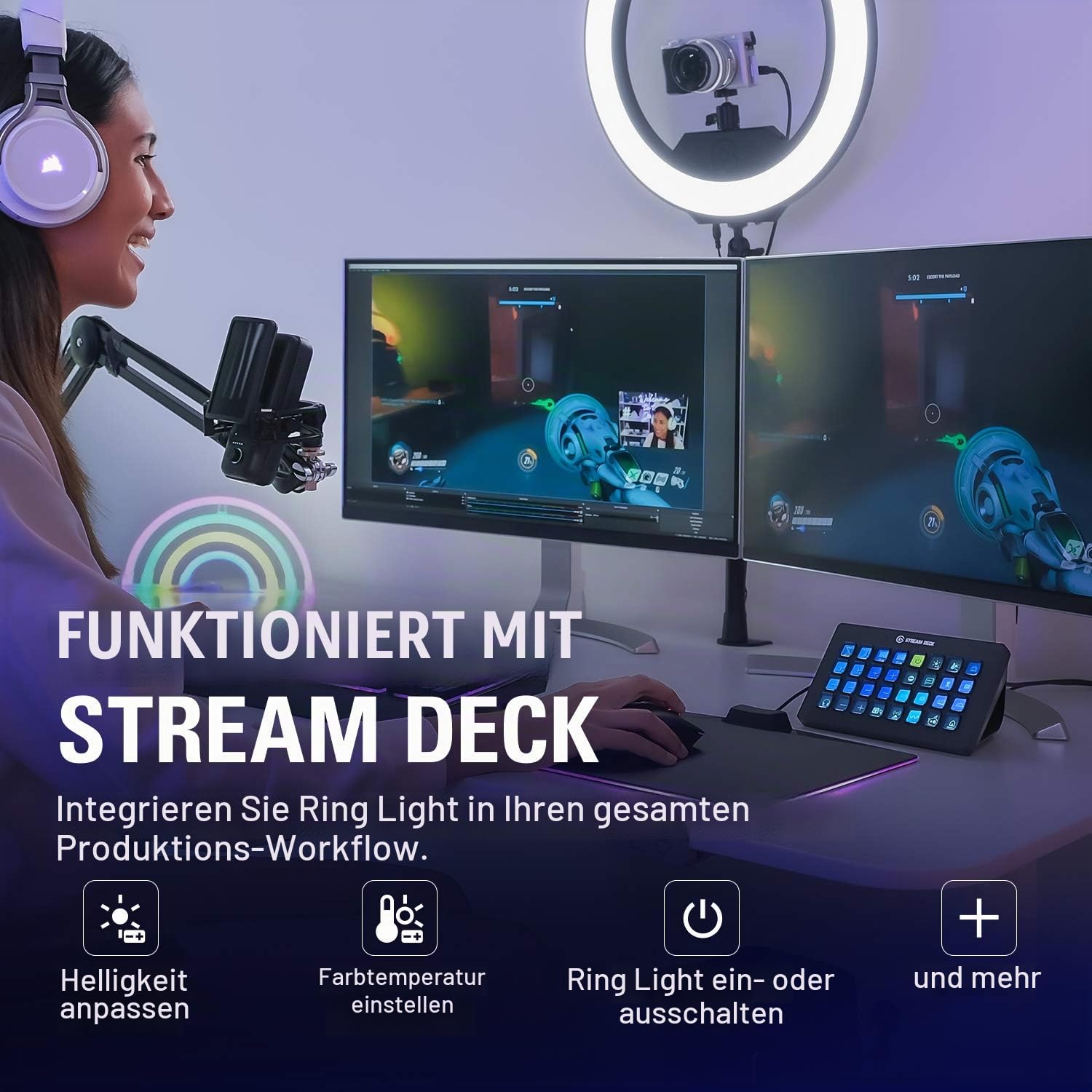 Elgato Ring Light - Hochwertige Beleuchtung in 2500 Lumen mit Tischklemme und Kugelgelenk zum Streamen, TikTok, Instagram, Home Office, Temperatur und Helligkeit per App anpassbar auf Mac, PC, Android