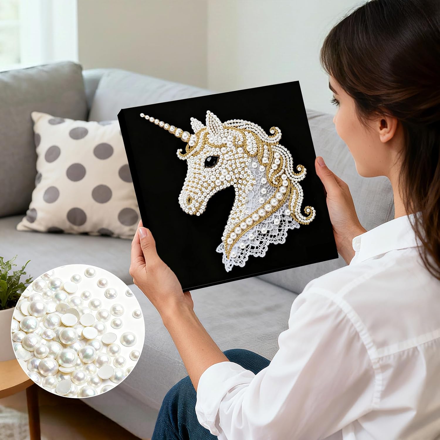 FRANDEK Handmade Unicorn DIY Pearl Art Painting Kit, Shining Diamond Art Craft Full Set with Frame 25x25cm, Tactile Resin Gem Painting for Adults Beginners Relaxation Home Decor