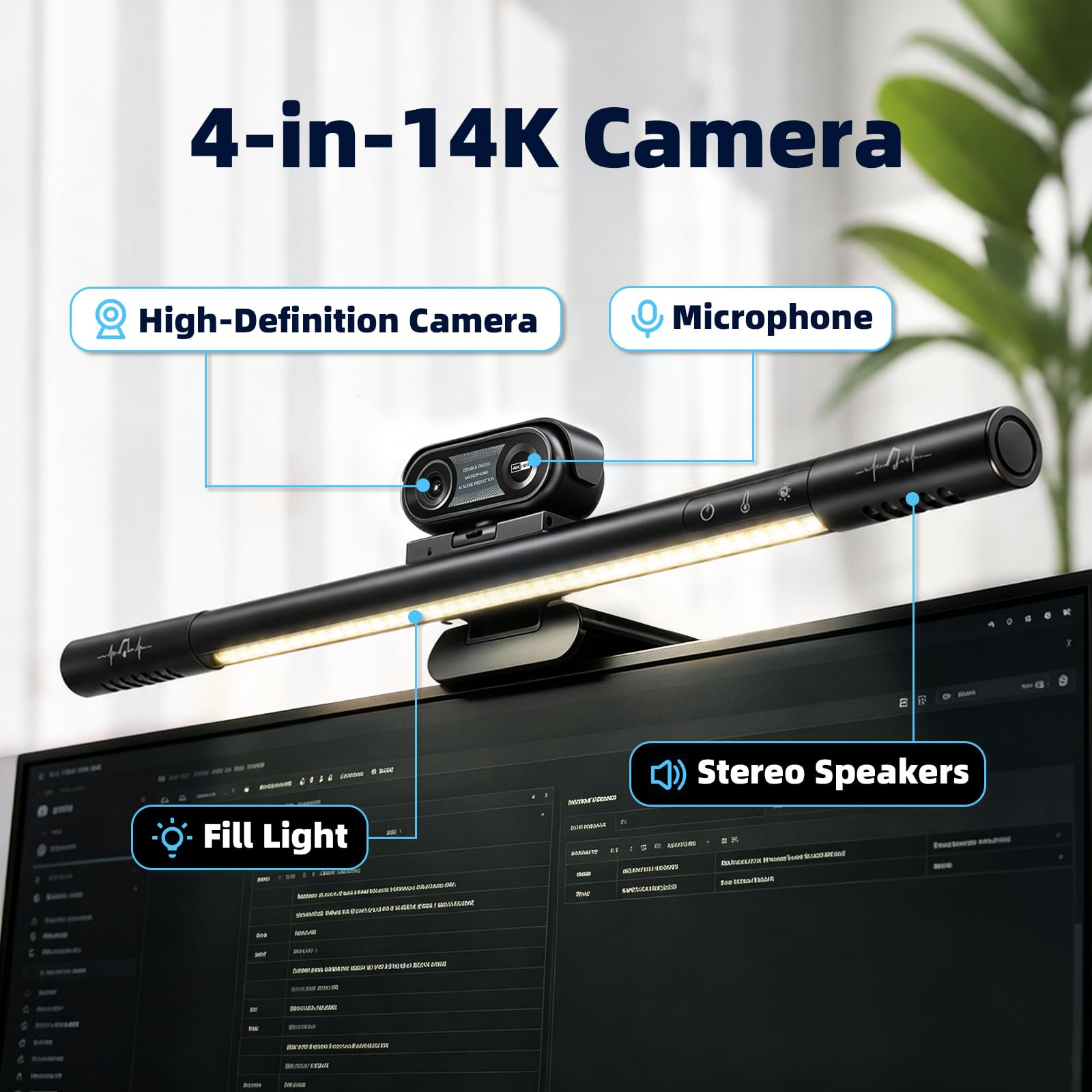 Webcam 4 en 1 4K con micrófonos y altavoces estéreo, luz de pantalla