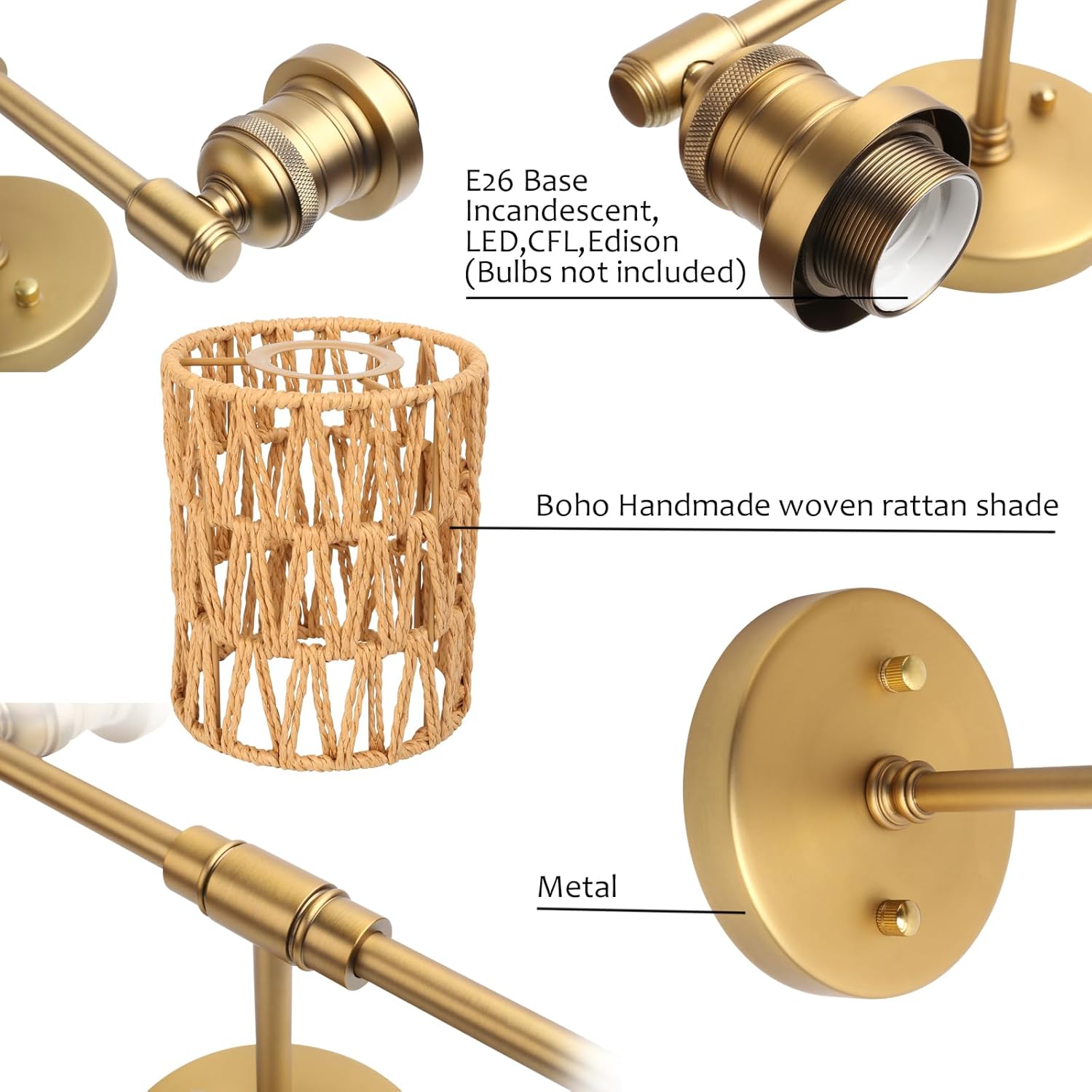 Yosoan 2-Lights Rattan Boho Wrapped Vintage Wall Sconce Light, Indoor Hardwired Hand-Woven Wall Lamp, Brass Handmade Braided Rope Shade Wall Mount Fixture for Bedroom Reading(Antique)